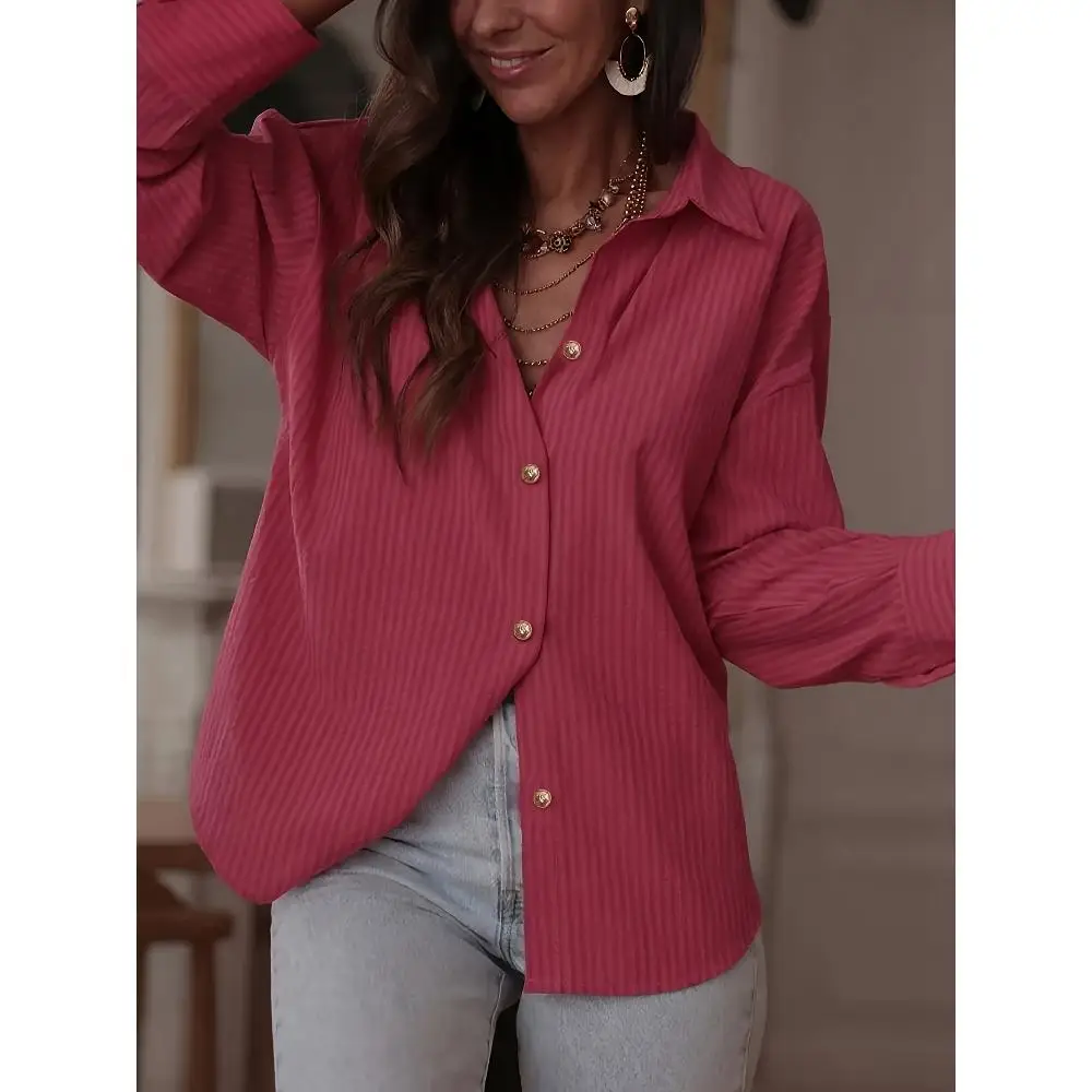 Plus Size Women's Solid Textured Button Up Shirt, Long Sleeve Point Collar Blouse with Gold Tone Buttons
Plus Size Women's Solid Textured Button Up Shirt, Long Sleeve Point Collar Blouse with Gold Tone Buttons