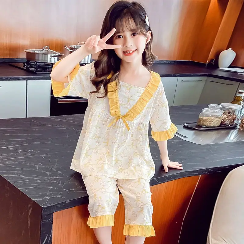Summer Girls Lightweight Cotton Woven Mid-Sleeve Pajamas Set for 10 Year Old Air Conditioning Comfort
Summer Girls Lightweight Cotton Woven Mid-Sleeve Pajamas Set for 10 Year Old Air Conditioning Comfort