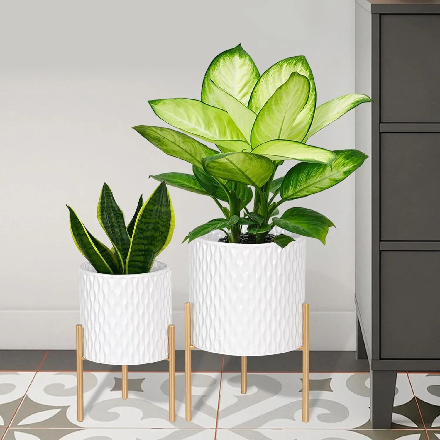 Mid Century Plant Pots with Stand, Set of 2, White and Gold, 8.25 & 10.5 Inch, Drainage
Mid Century Plant Pots with Stand, Set of 2, White and Gold, 8.25 & 10.5 Inch, Drainage