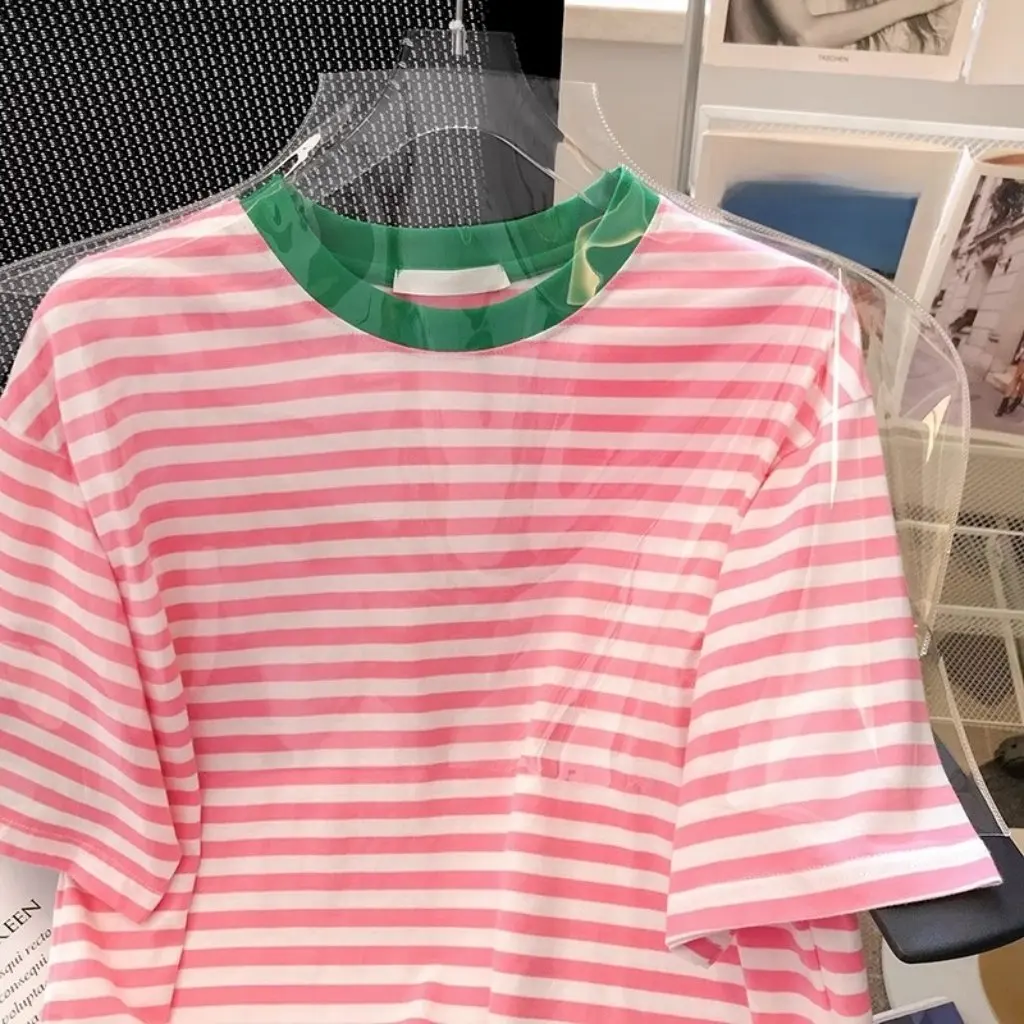Women's Large Size Pink Striped Loose T-shirt Spring Summer Short-Sleeved Dongdaemun Style Base Shirt from South Korea
Women's Large Size Pink Striped Loose T-shirt Spring Summer Short-Sleeved Dongdaemun Style Base Shirt from South Korea