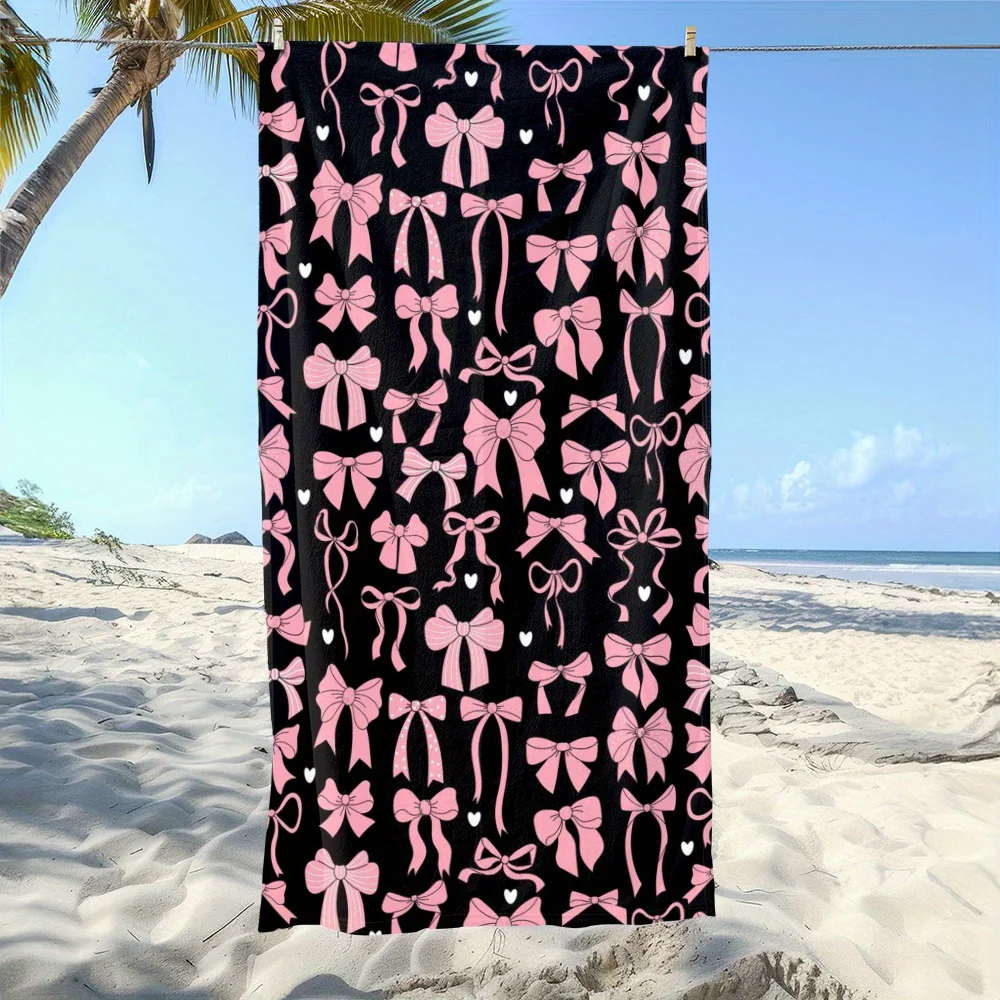 One Black Beach Towel Adorned with Pink Bows And Hearts Perfect for Summer Enjoyment And Days at The Beach
One Black Beach Towel Adorned with Pink Bows And Hearts Perfect for Summer Enjoyment And Days at The Beach