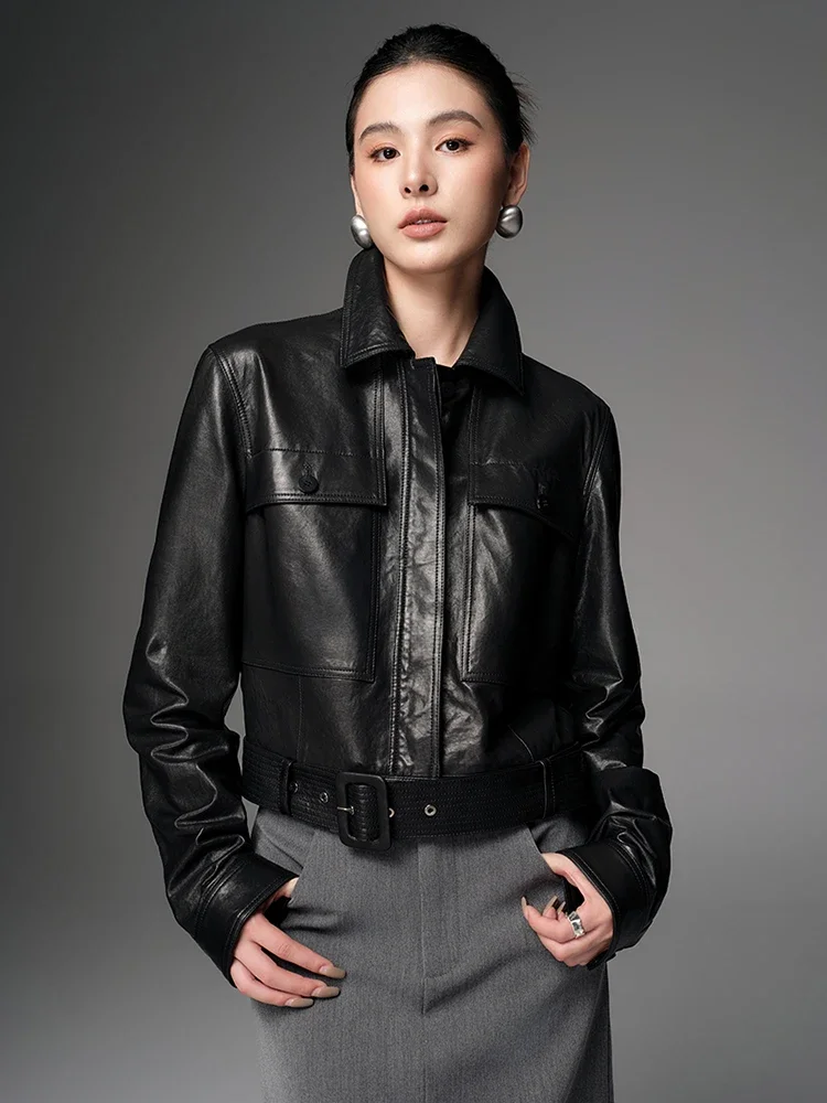 Casual Short Genuine Leather Motorcycle Jackets for Women Spring Autumn High-end Simple Soft Black Real Goatskin Coat with Belt
Casual Short Genuine Leather Motorcycle Jackets for Women Spring Autumn High-end Simple Soft Black Real Goatskin Coat with Belt