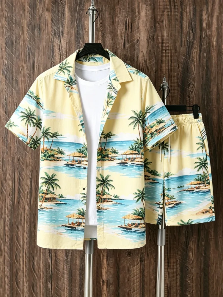 Men's Short Sleeve Shirt & Shorts Set, Loose Comfort Yellow Tropical Beach Print Casual Summer Outfit
Men's Short Sleeve Shirt & Shorts Set, Loose Comfort Yellow Tropical Beach Print Casual Summer Outfit