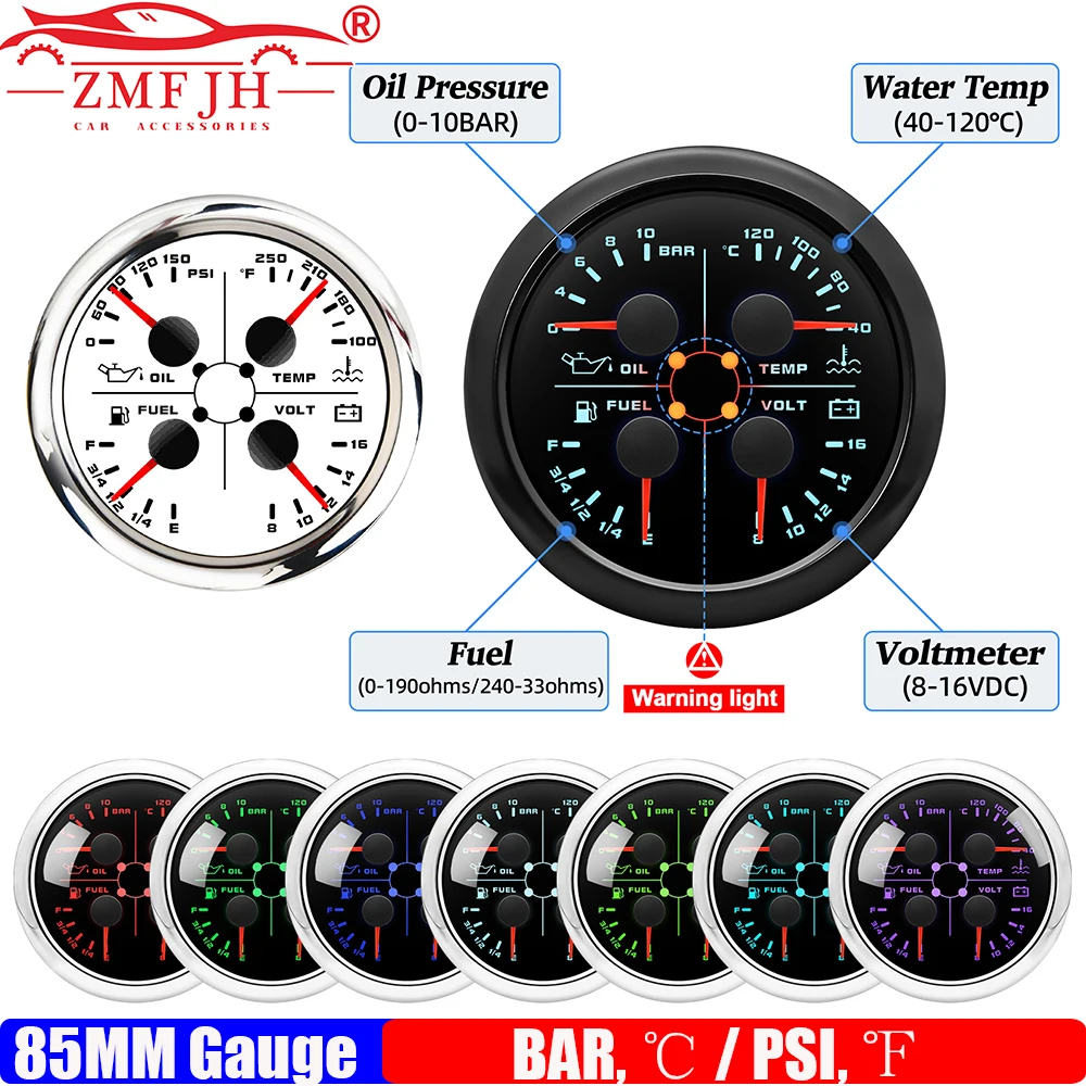 Multifunctional 85MM Gauge with Alarm 0-10BAR,0-150PSI Oil Pressure+Fuel Level+Water Temp+Voltage 8-16V Waterproof 7 Color LED
Multifunctional 85MM Gauge with Alarm 0-10BAR,0-150PSI Oil Pressure+Fuel Level+Water Temp+Voltage 8-16V Waterproof 7 Color LED