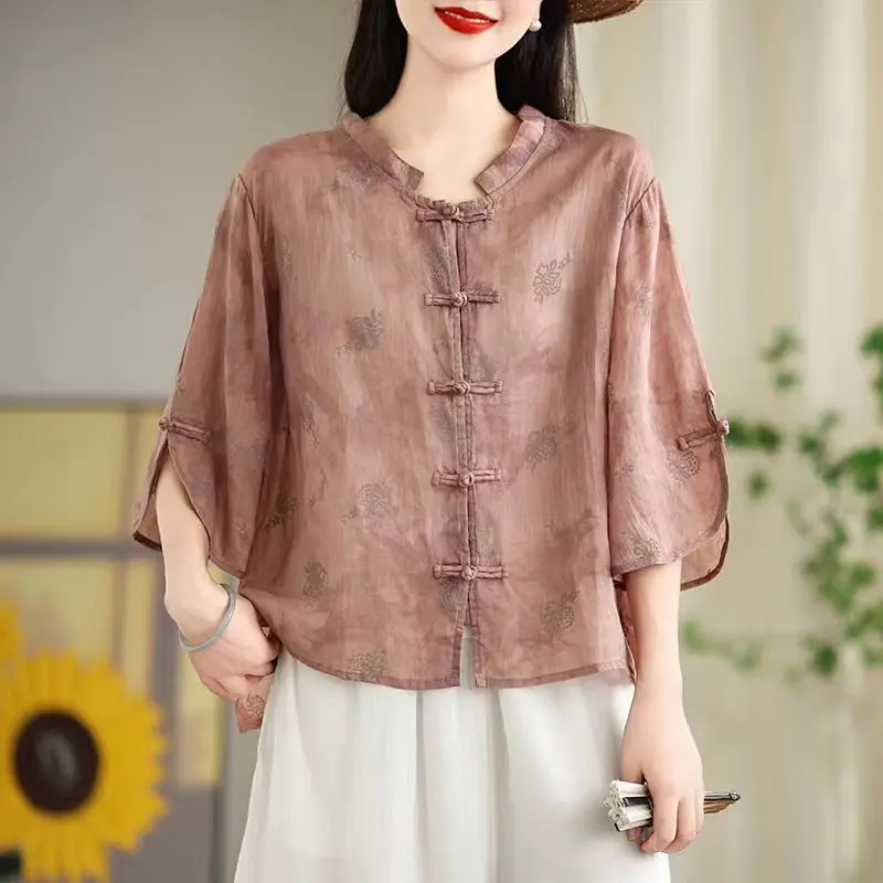 Women's Chinese Style Linen Blend Blouse Frog Button Floral Print Three Quarter Sleeve Shirt
Women's Chinese Style Linen Blend Blouse Frog Button Floral Print Three Quarter Sleeve Shirt