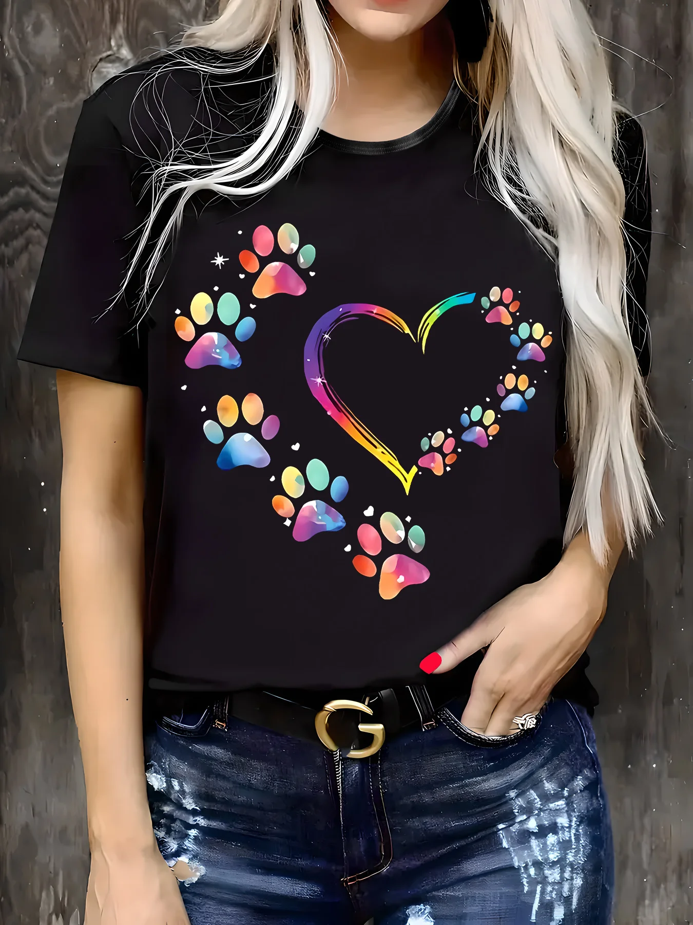 Plus-Size Women's Casual T-Shirt - Colorful Geometric Paw Print Heart Pattern, Stretchy Fabric, Round Neck, Short-Sleeved Top, Comfortable for Spring and Summer, Machine Washable, Breathable, Non-Transparent Material, Fun Pattern T-Shirt
Plus-Size Women's Casual T-Shirt - Colorful Geometric Paw Print Heart Pattern, Stretchy Fabric, Round Neck, Short-Sleeved Top, Comfortable for Spring and Summer, Machine Washable, Breathable, Non-Transparent Material, Fun Pattern T-Shirt
