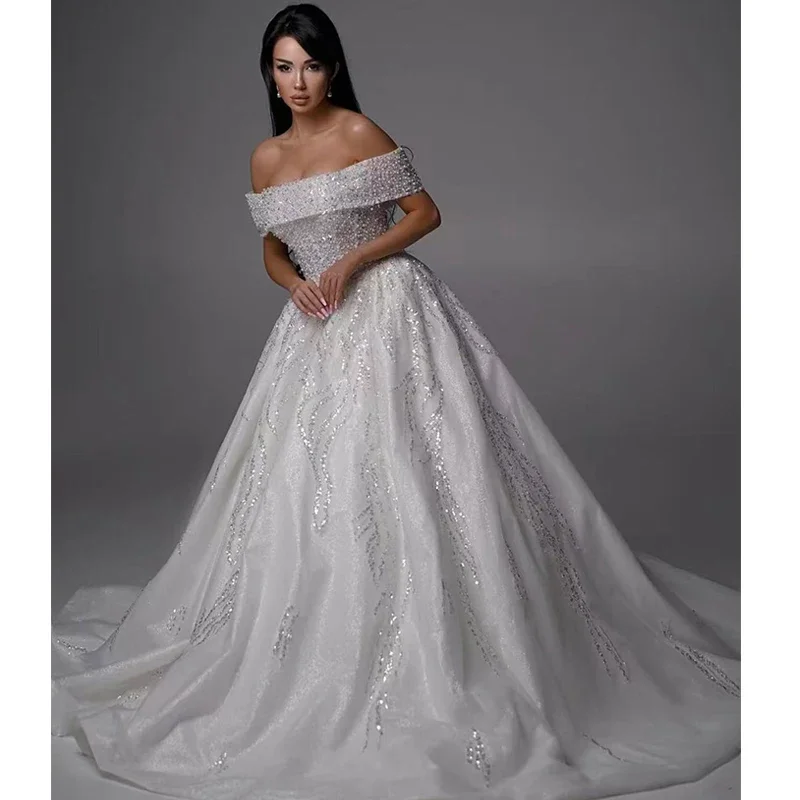 Luxurious Wedding Dress Fully Beaded With Sequins A-Line Floor Length Ballgown Off The Shoulder Sleeveless Customized Bridedress
Luxurious Wedding Dress Fully Beaded With Sequins A-Line Floor Length Ballgown Off The Shoulder Sleeveless Customized Bridedress