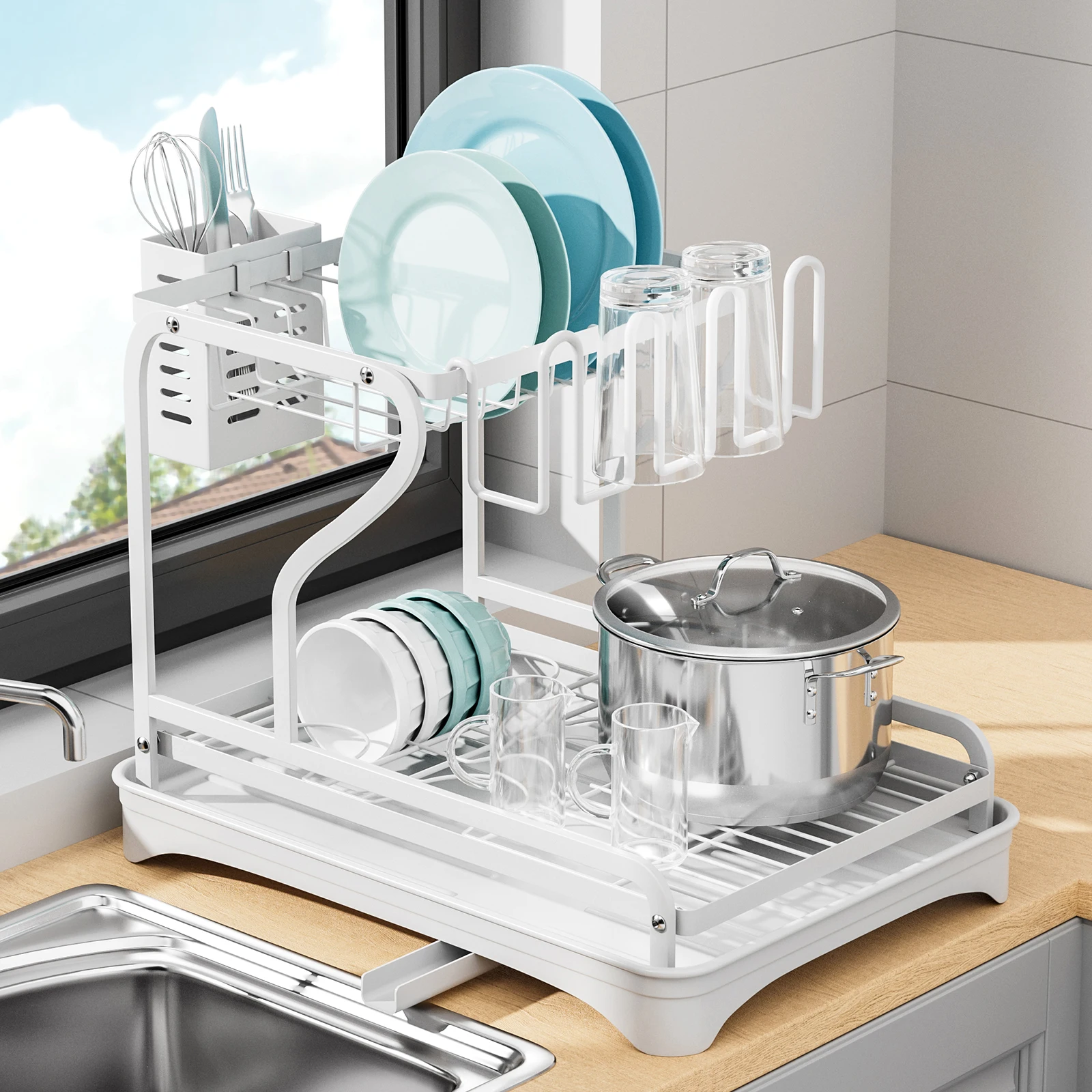 Dish Rack with Cup Holder, Drainboard and Metal Utensil Holder Large Capacity for Small Kitchen Countertop Saving Space
Dish Rack with Cup Holder, Drainboard and Metal Utensil Holder Large Capacity for Small Kitchen Countertop Saving Space