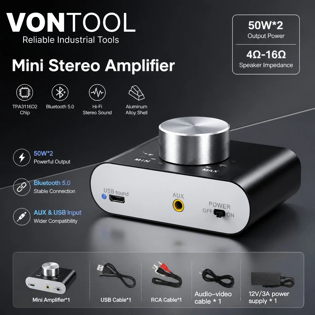 VONTOOL Mini Bluetooth Amplifier 50W*2 5.0 Digital Power Amp with Aluminum Housing AUX Input for Home Desktop Speaker
VONTOOL Mini Bluetooth Amplifier 50W*2 5.0 Digital Power Amp with Aluminum Housing AUX Input for Home Desktop Speaker
