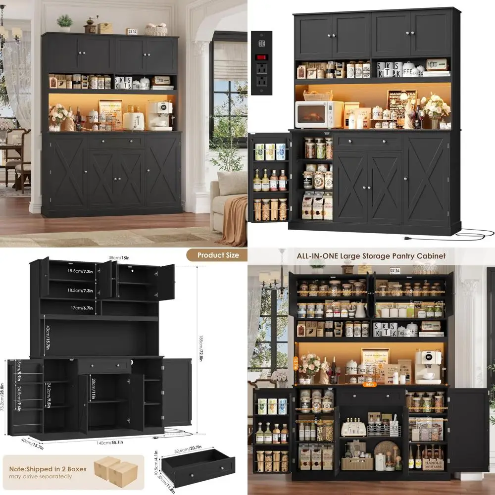 72.8 LED-lit Kitchen Pantry Cabinet with Charging Station, 55 Wide Storage Cabinet with Countertop, Shelves, Drawers, Black
72.8 LED-lit Kitchen Pantry Cabinet with Charging Station, 55 Wide Storage Cabinet with Countertop, Shelves, Drawers, Black