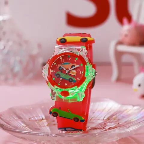 Creative cartoon car pattern light-emitting watch, vibrant quartz wristwatch, suitable for Christmas and Halloween gifts