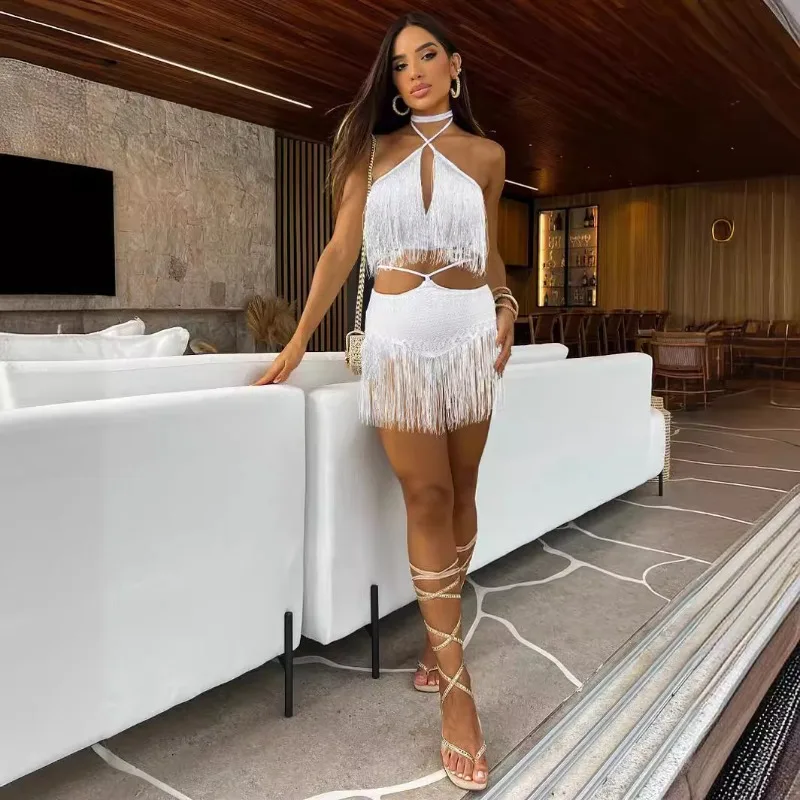 Women Sexy Tassel Patchwork Holiday Beach 2 Piece Set Lace Up Halter Backless Camis Crop Tops + Mini Skirts Club Party Suits 
Women Sexy Tassel Patchwork Holiday Beach 2 Piece Set Lace Up Halter Backless Camis Crop Tops + Mini Skirts Club Party Suits