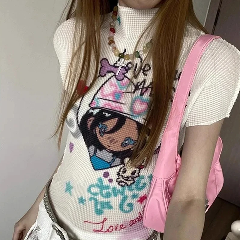 Women Kawaii Subculture Cartoon Print Tee Short Sleeve Band Collar Fitted Cropped T Shirt Harajuku Y2K Preppy Summer Top
Women Kawaii Subculture Cartoon Print Tee Short Sleeve Band Collar Fitted Cropped T Shirt Harajuku Y2K Preppy Summer Top