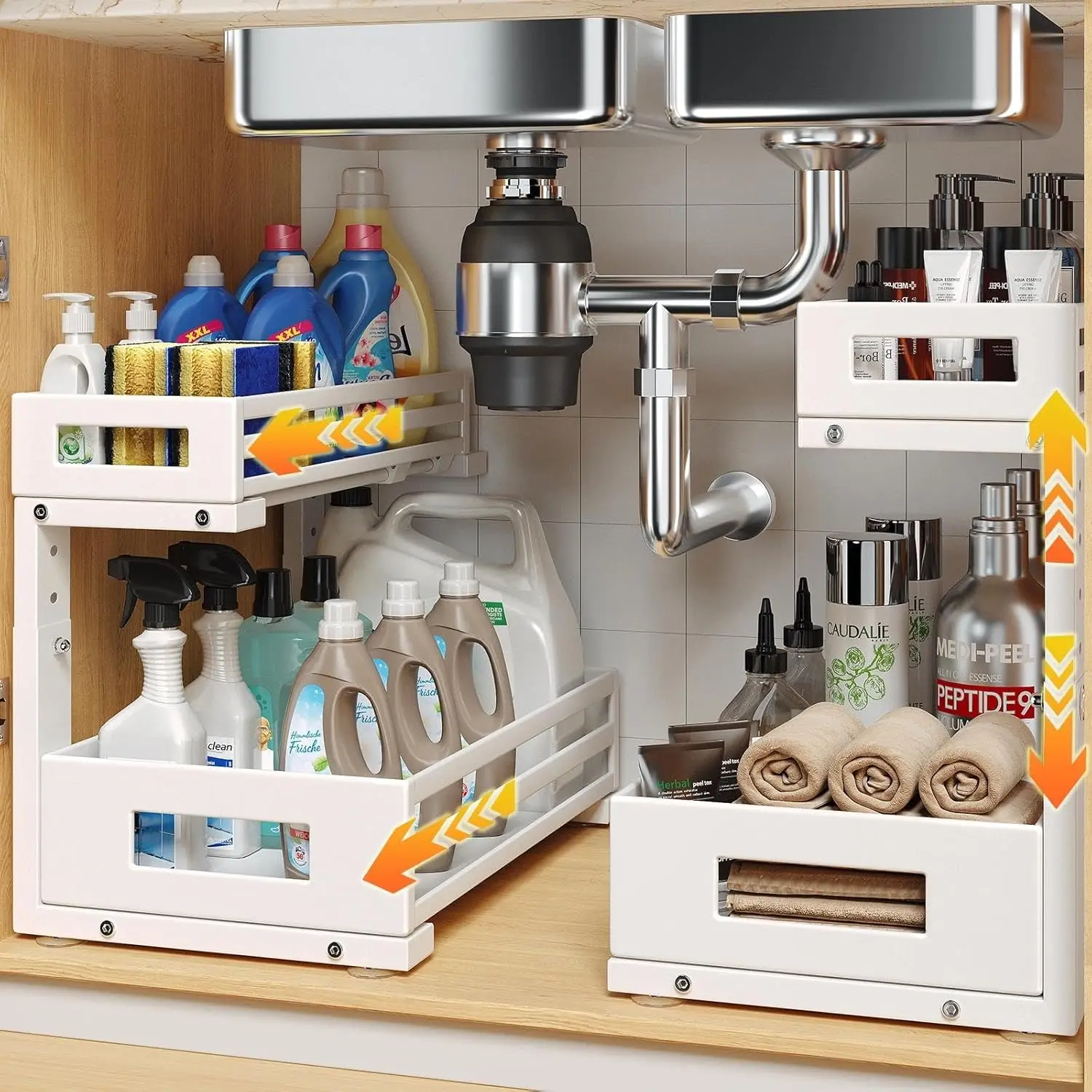 L-Shaped Under Sink Organizer, 2-Tier Pull-Out Cabinet Storage for Kitchen & Bathroom, Adjustable Height, White
L-Shaped Under Sink Organizer, 2-Tier Pull-Out Cabinet Storage for Kitchen & Bathroom, Adjustable Height, White