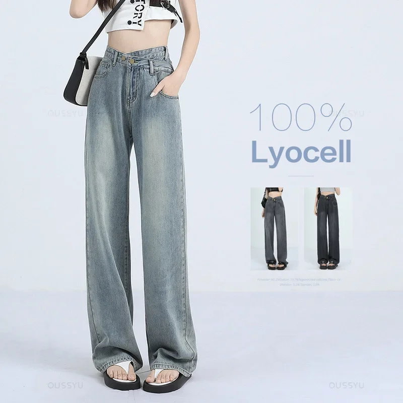 Summer Soft Lyocell Fabric Woman Jeans Thin Loose Wide Leg Straight High Waisted Pant Fashion Comfort Retro Blue Casual Trousers
Summer Soft Lyocell Fabric Woman Jeans Thin Loose Wide Leg Straight High Waisted Pant Fashion Comfort Retro Blue Casual Trousers