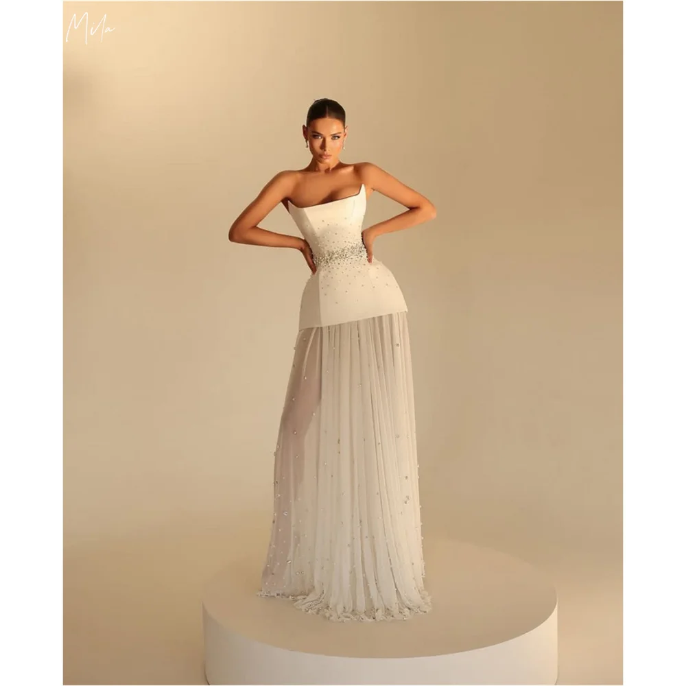Mila White Strapless Column Party Dresses Satin Empire Waist Evening Dresses Pleated Crystal Customized Prom Dresses 2025
Mila White Strapless Column Party Dresses Satin Empire Waist Evening Dresses Pleated Crystal Customized Prom Dresses 2025