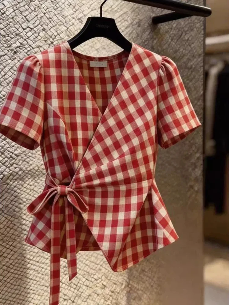 Retro Red Plaid Short Sleeve Women's Shirt Summer Waist Cinching Design Unique Bow Tie Asymmetrical Top Breathable Polyester
Retro Red Plaid Short Sleeve Women's Shirt Summer Waist Cinching Design Unique Bow Tie Asymmetrical Top Breathable Polyester