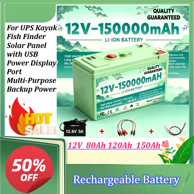 12V 150Ah Rechargeable Battery with USB Power Display Port Multi-Purpose Backup Power for UPS Kayak Fish Finder Solar Panel
12V 150Ah Rechargeable Battery with USB Power Display Port Multi-Purpose Backup Power for UPS Kayak Fish Finder Solar Panel