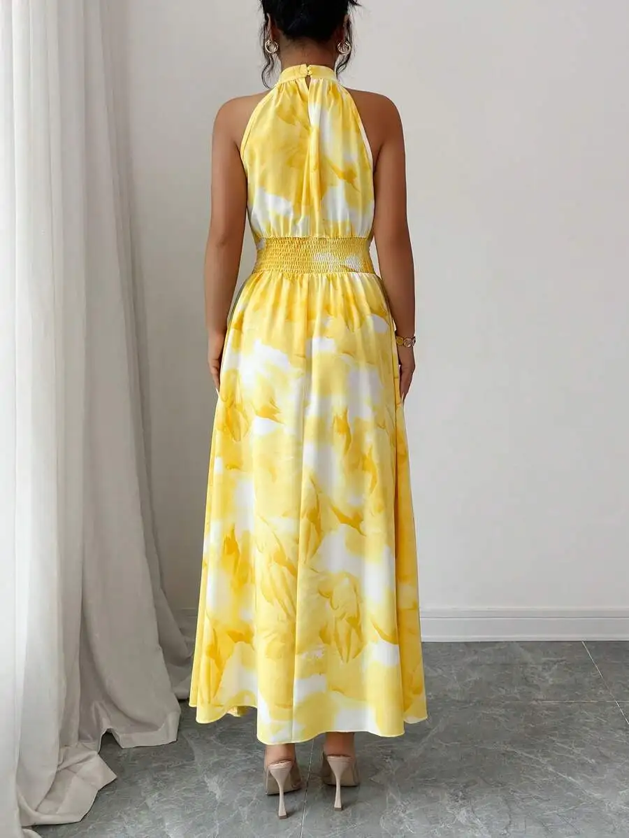Yellow And White Watercolor Floral Sleeveless Halter Dress With Smocked Waist And A-Line Maxi Skirt
Yellow And White Watercolor Floral Sleeveless Halter Dress With Smocked Waist And A-Line Maxi Skirt