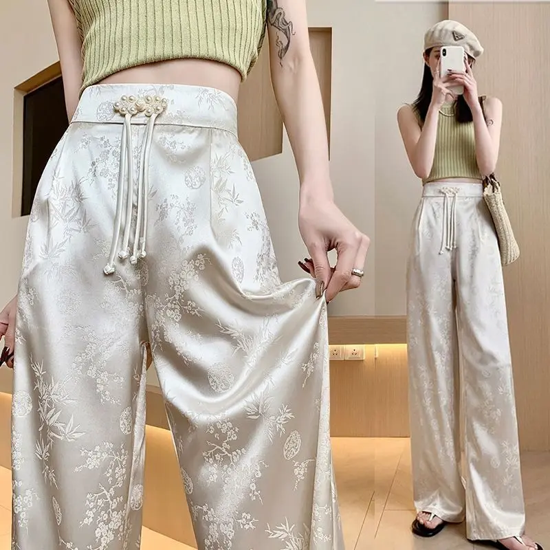 Новые жаккардовые широкие атласные брюки в китайском стиле для женщин, женские брюки с эластичной резинкой на талии, офисная женская одежда, лето-весна, 2025
Новые жаккардовые широкие атласные брюки в китайском стиле для женщин, женские брюки с эластичной резинкой на талии, офисная женская одежда, лето-весна, 2025