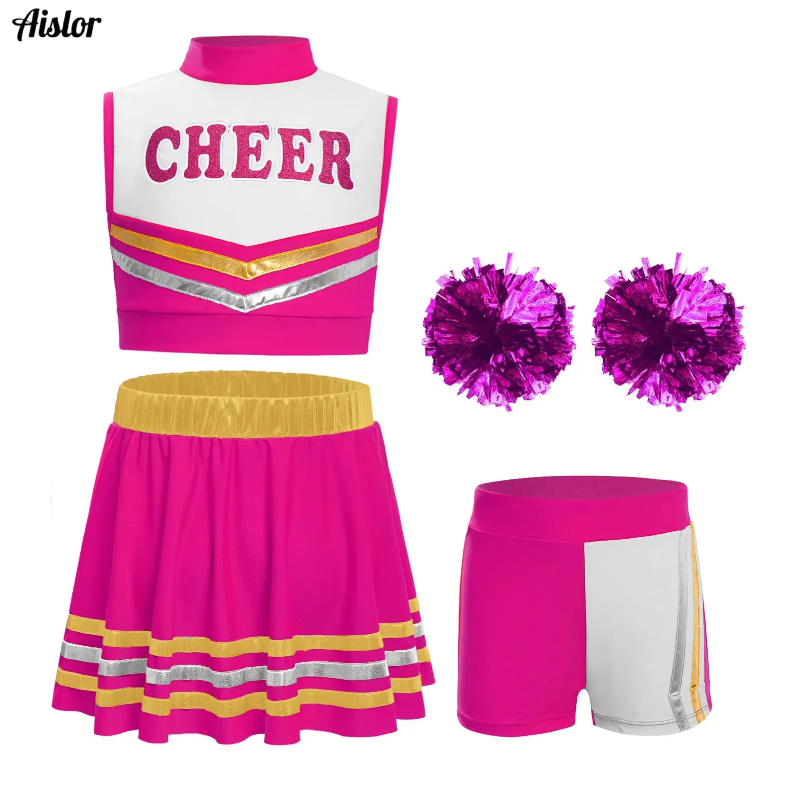 Kids Girls Cheerleading Uniform Sleeveless Letters Printed Color Block Keyhole Back Crop Top+Striped Skirt+Shorts+Flower Balls
Kids Girls Cheerleading Uniform Sleeveless Letters Printed Color Block Keyhole Back Crop Top+Striped Skirt+Shorts+Flower Balls