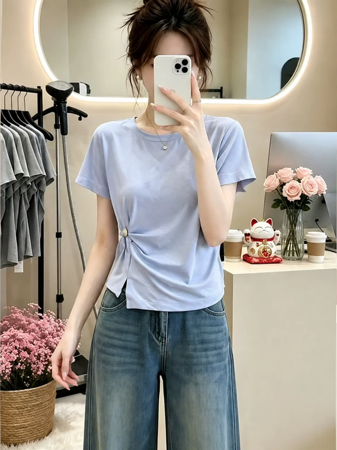 Korean Style Short Sleeve T-Shirt Waist-Cinching round Neck Top Blue Anti-Aging Versatile Summer Fashion for Young Women
Korean Style Short Sleeve T-Shirt Waist-Cinching round Neck Top Blue Anti-Aging Versatile Summer Fashion for Young Women