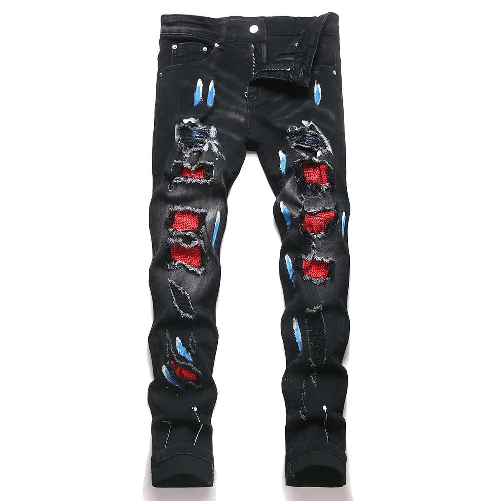 Men's Slim Fit Jeans Streetwear Crystal Rhinestone Patch Denim Pants Black Ripped Distressed Skinny Tapered Trousers
Men's Slim Fit Jeans Streetwear Crystal Rhinestone Patch Denim Pants Black Ripped Distressed Skinny Tapered Trousers