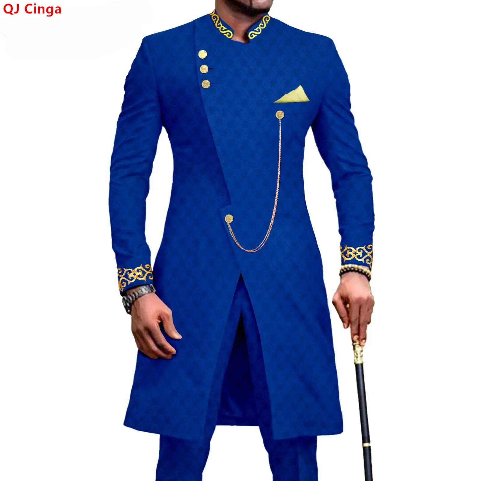 African-style Men's Blue Two-piece Suit with Gold Embroidery on The Jacket Collar and Cuffs. Red, Green, Black, Purple, Yellow.
African-style Men's Blue Two-piece Suit with Gold Embroidery on The Jacket Collar and Cuffs. Red, Green, Black, Purple, Yellow.