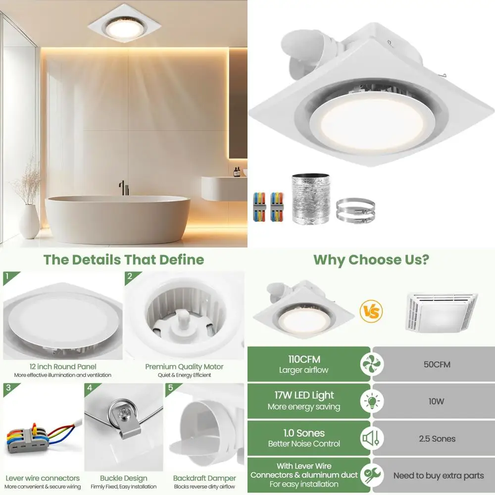 12-Inch Round Bathroom Exhaust Fan with Adjustable Light, 3000K-6000K, 110CM Quiet Operation, Lever Wire Control & Duct
12-Inch Round Bathroom Exhaust Fan with Adjustable Light, 3000K-6000K, 110CM Quiet Operation, Lever Wire Control & Duct