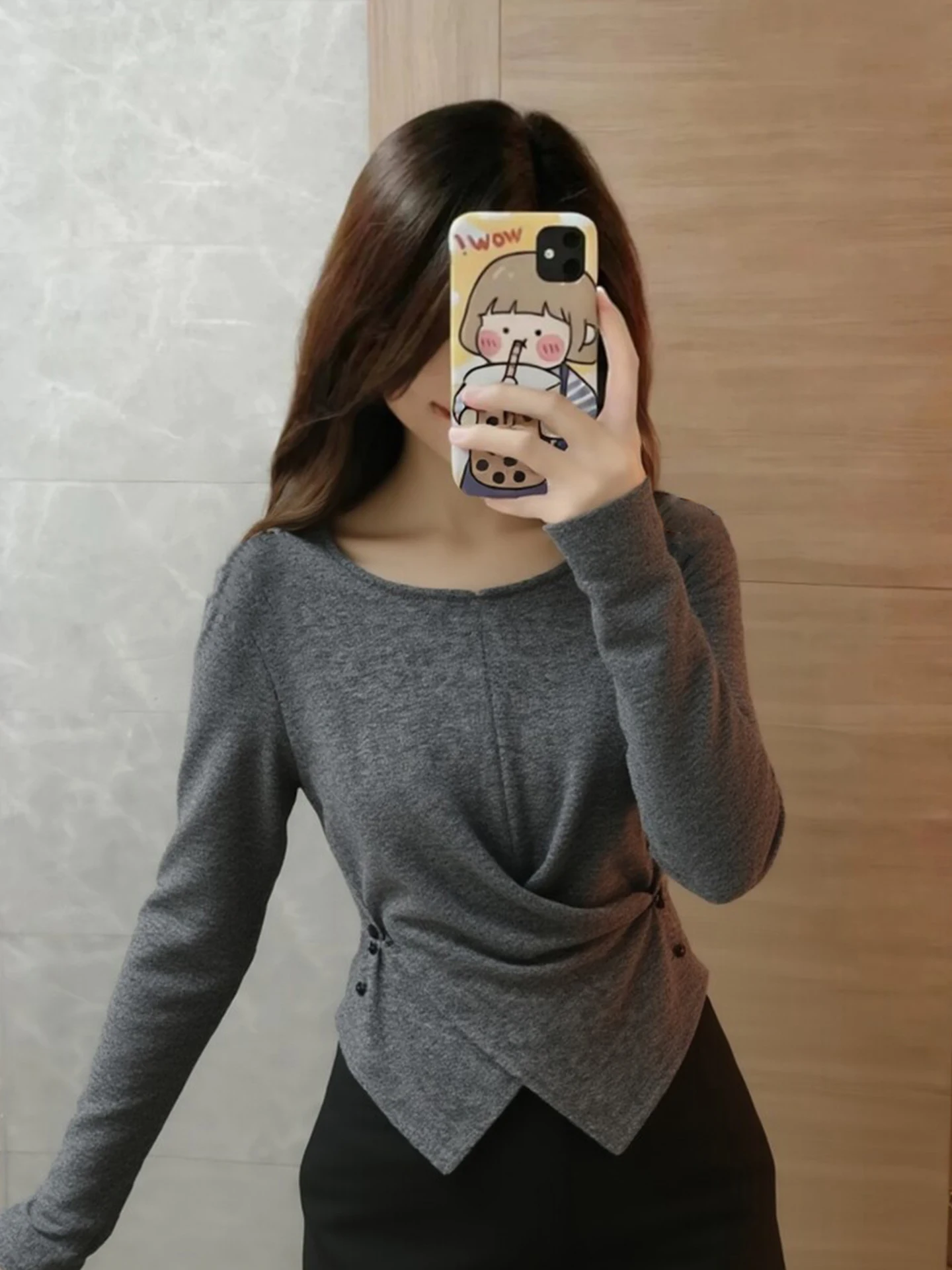 Fashionable Knitted Top Grey Slim Fit round Neck Base Shirt Spring Elegant Versatile Cross Waist Design Casual Style Knitwear
Fashionable Knitted Top Grey Slim Fit round Neck Base Shirt Spring Elegant Versatile Cross Waist Design Casual Style Knitwear