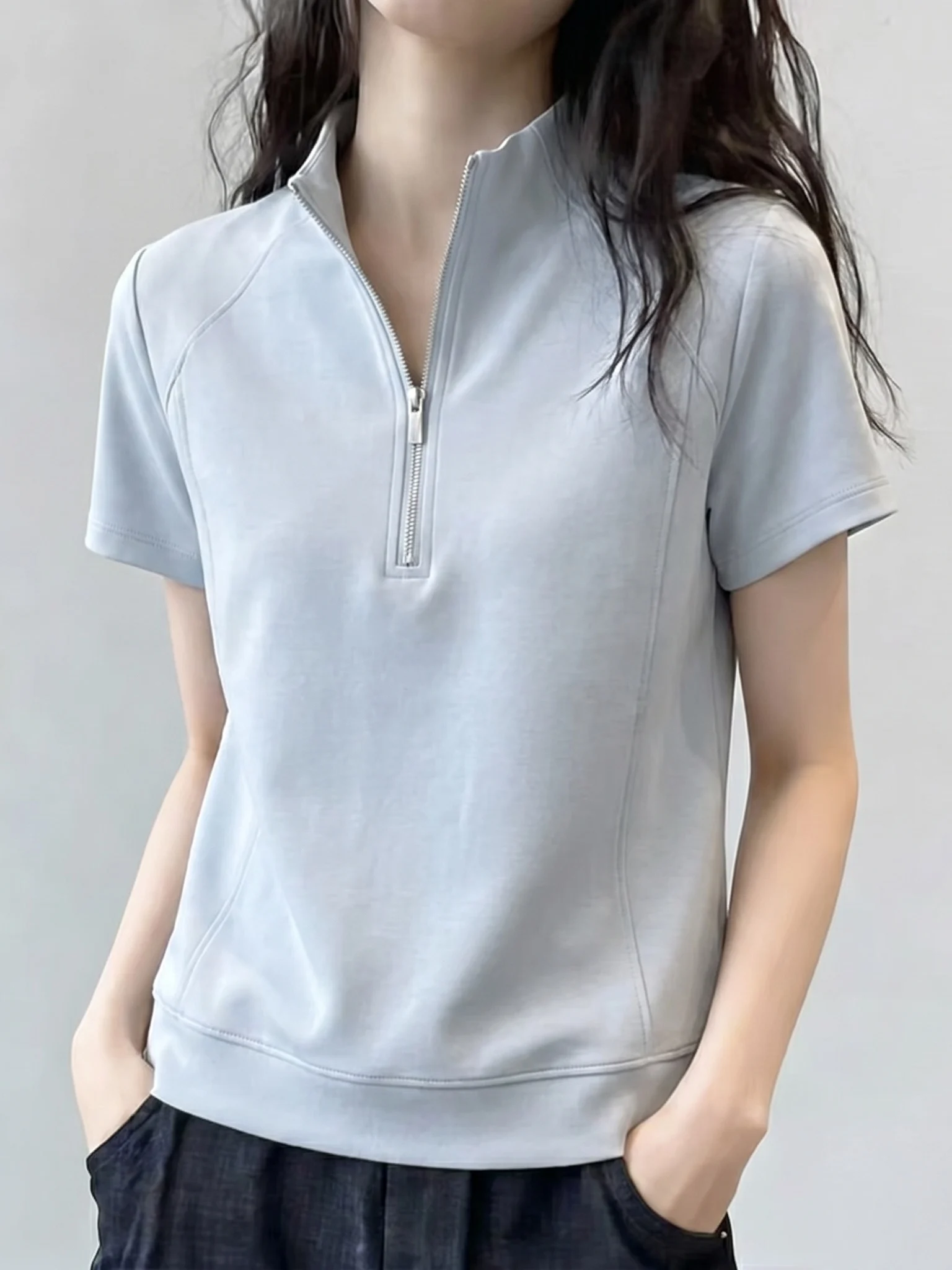 Light Blue Zipper Neck Short Sleeve T-Shirt Women's plus Size Summer New Style Slimming Top Korean Style Casual Wear
Light Blue Zipper Neck Short Sleeve T-Shirt Women's plus Size Summer New Style Slimming Top Korean Style Casual Wear