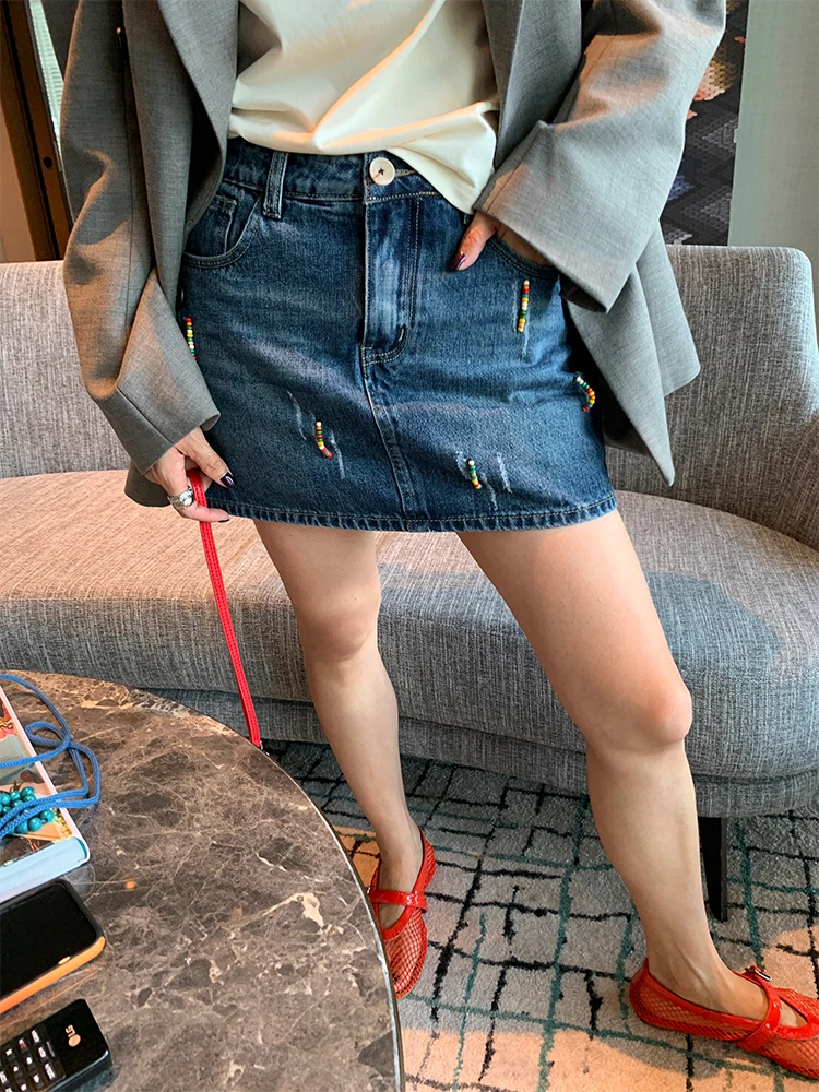 Design Sensation Denim Skirt Women's Mid-Waist Fit-and-Flare Cotton Blend Short Skirts Korean Style Pearl Decoration
Design Sensation Denim Skirt Women's Mid-Waist Fit-and-Flare Cotton Blend Short Skirts Korean Style Pearl Decoration