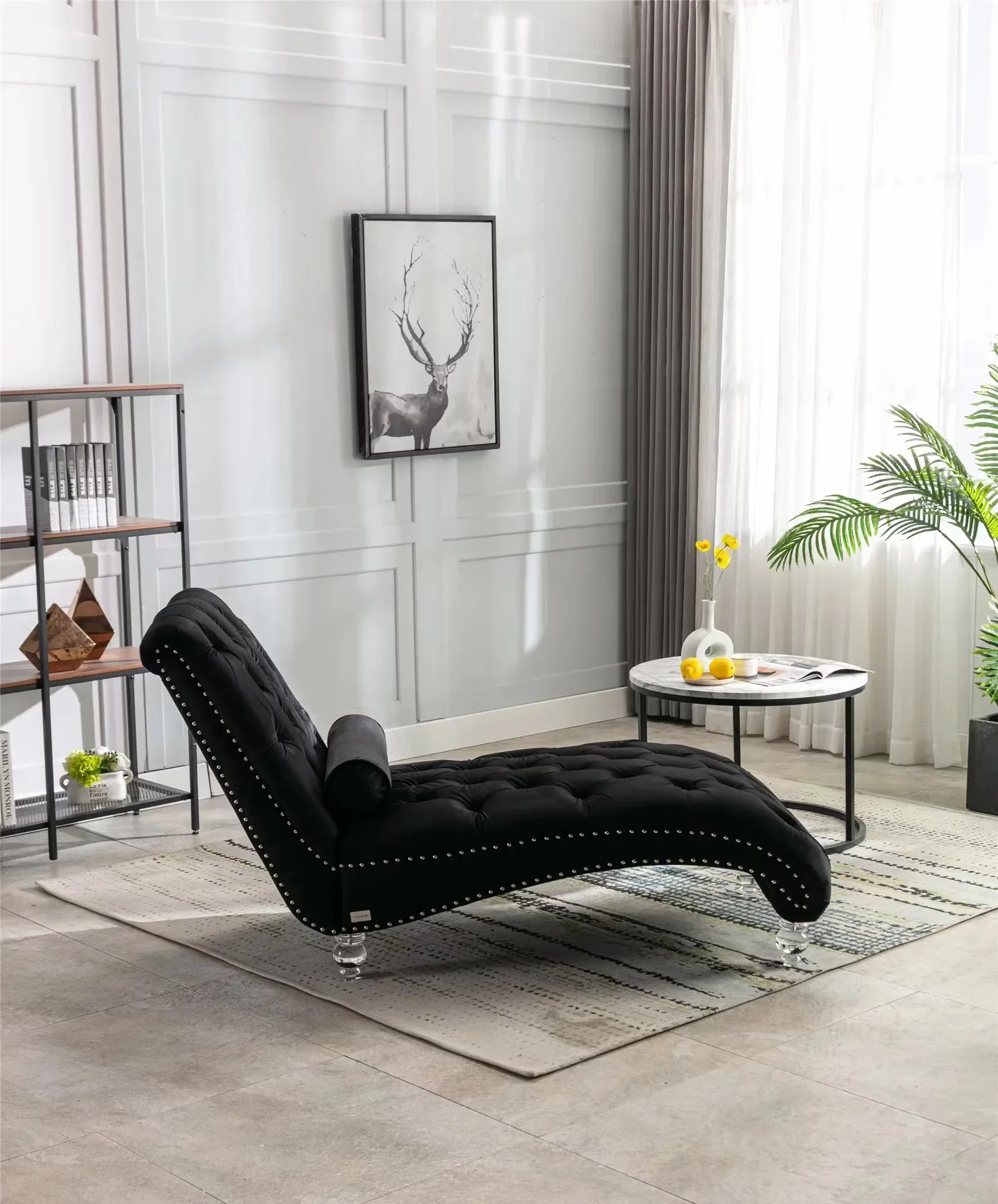 Velvet chaise lounge chair with toss pillow,tufted button indoor leisure armless lounge chair with acrylic legs,black
Velvet chaise lounge chair with toss pillow,tufted button indoor leisure armless lounge chair with acrylic legs,black