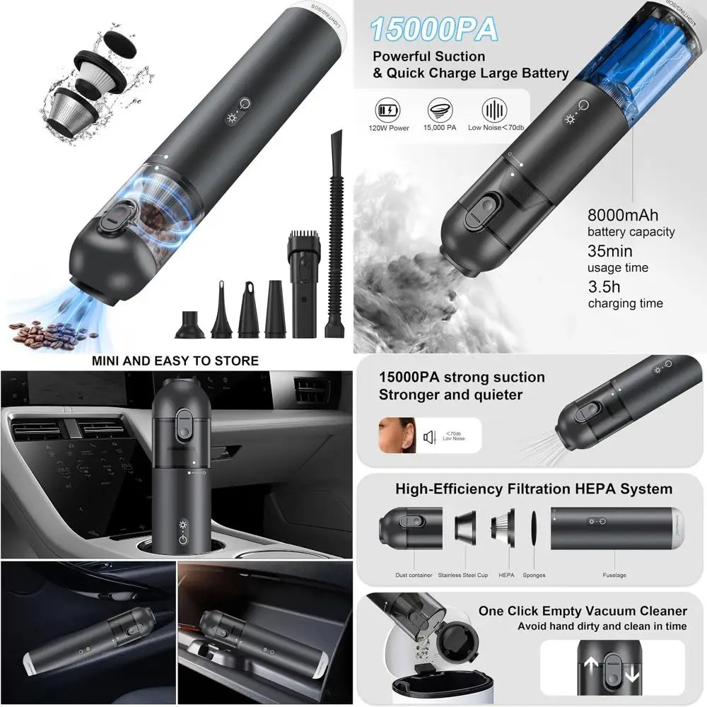 Портативный автомобильный пылесос 15000 PA со светодиодной подсветкой и HEPA-фильтром, выдувом и всасыванием 2-в-1, идеально подходит для автомобилей, шерсти домашних животных, дома, офиса
Портативный автомобильный пылесос 15000 PA со светодиодной подсветкой и HEPA-фильтром, выдувом и всасыванием 2-в-1, идеально подходит для автомобилей, шерсти домашних животных, дома, офиса