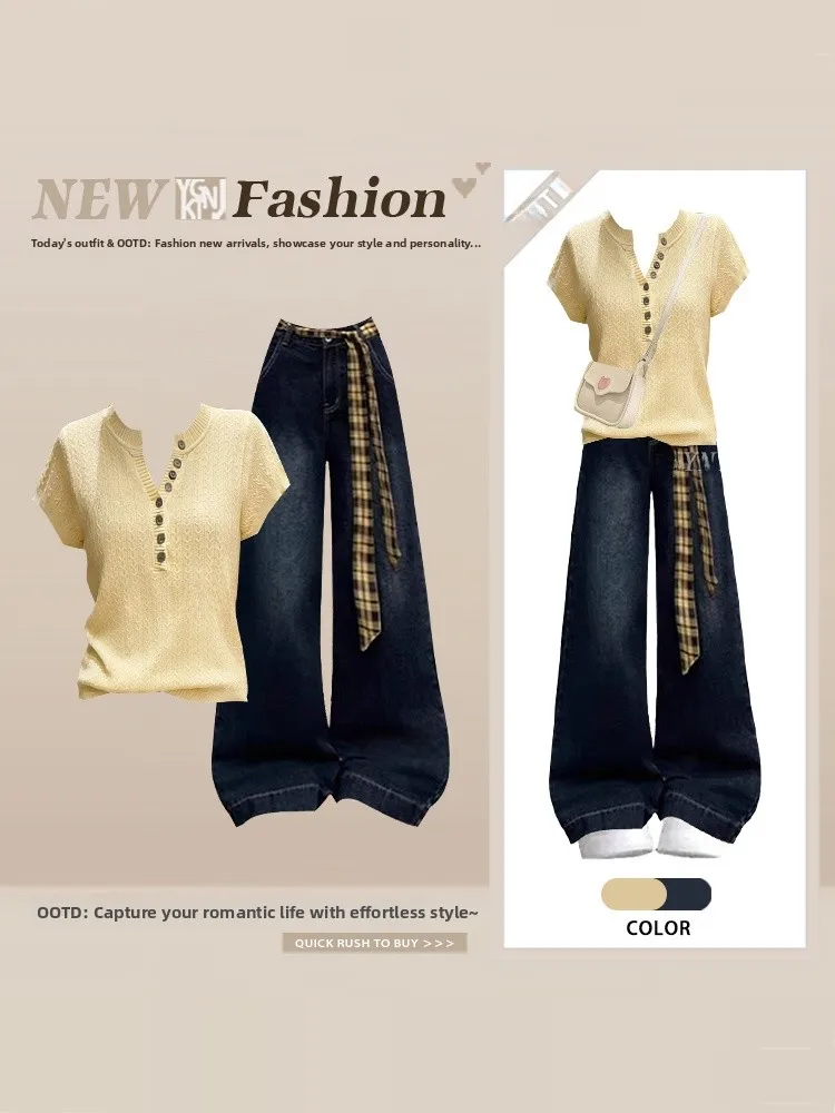 Slimming Knitted Short Sleeve Top And Wide Leg Jeans Two Piece Set for Women Summer Fashion Gentle Style High Waist Jeans
Slimming Knitted Short Sleeve Top And Wide Leg Jeans Two Piece Set for Women Summer Fashion Gentle Style High Waist Jeans
