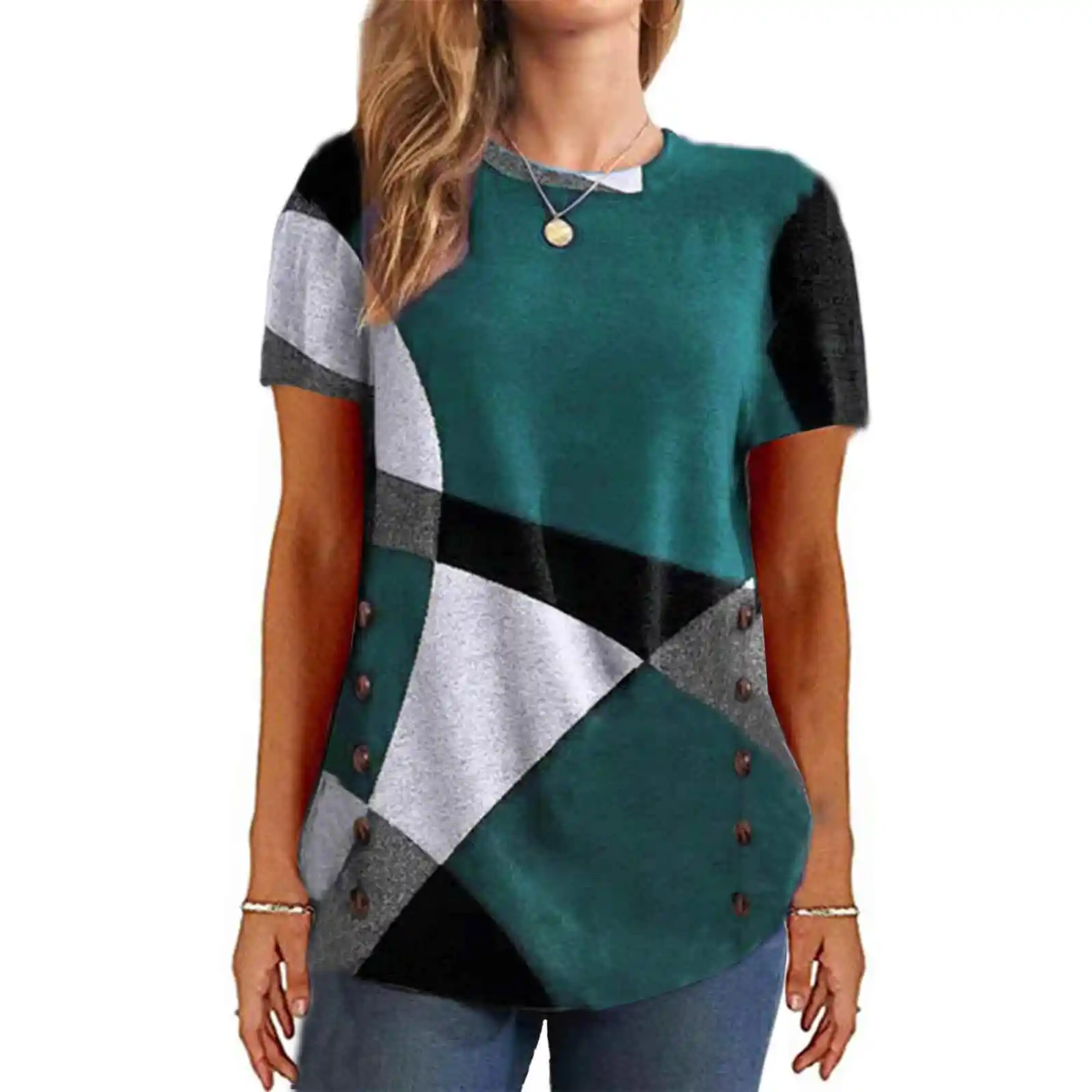 Women's Geometric Color Loose T-irt Contrast Button New Faion Casual Top for Middle-Aged And ly
Women's Geometric Color Loose T-irt Contrast Button New Faion Casual Top for Middle-Aged And ly