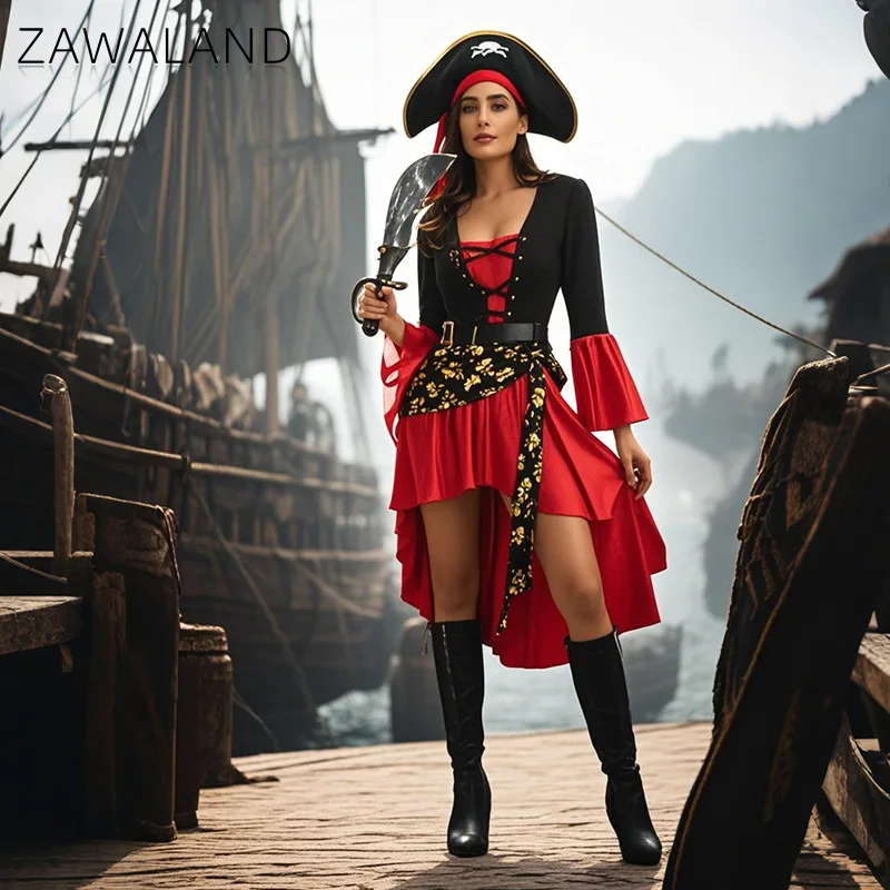 Woman Pirate Cosplay Costume Black Red Skull Print Dress Set Carnival Festvial Performance Dress with Hat Comic-con Stage Outfit
Woman Pirate Cosplay Costume Black Red Skull Print Dress Set Carnival Festvial Performance Dress with Hat Comic-con Stage Outfit