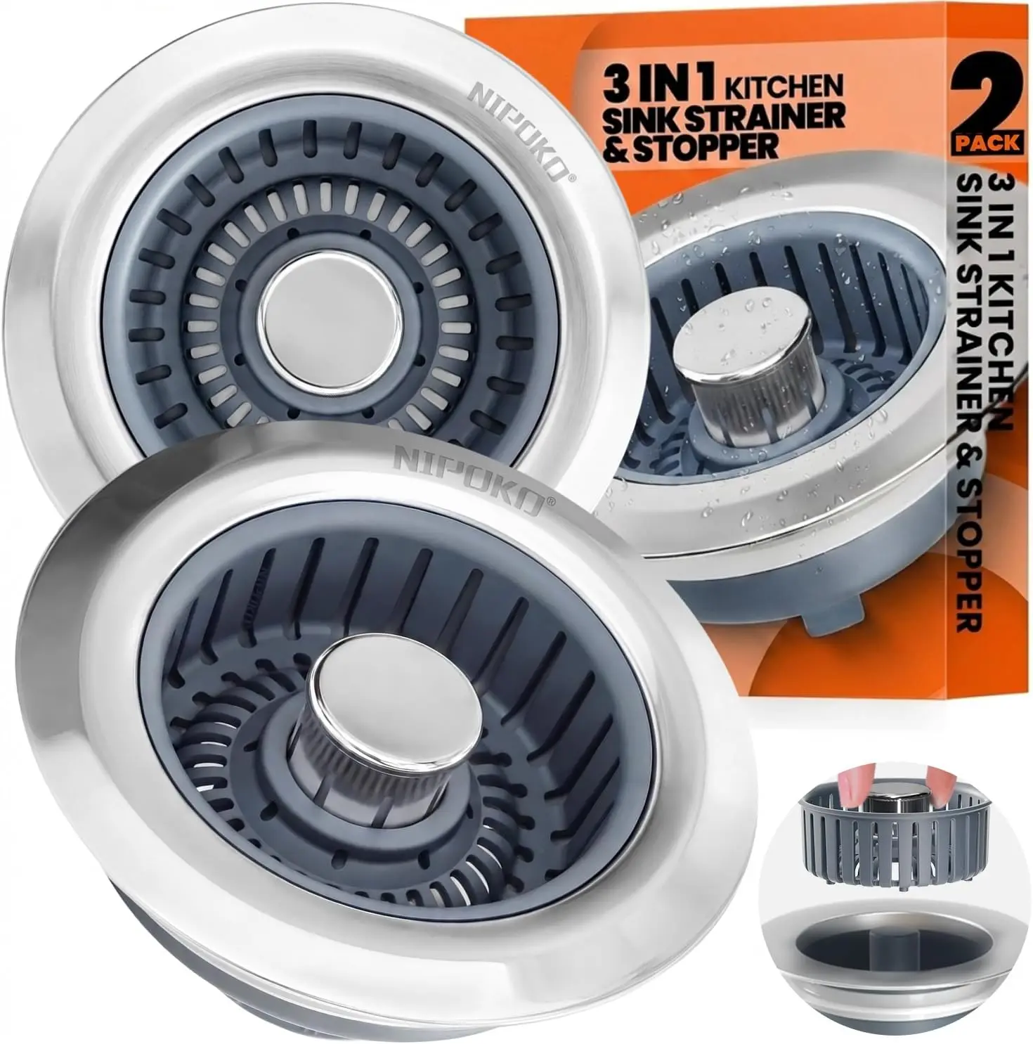 2 Pack Sink Drain Strainer, 3 in 1 Kitchen Stopper with Anti-Clog Basket & Odor Seal, Fits Standard 3.5" Drain
2 Pack Sink Drain Strainer, 3 in 1 Kitchen Stopper with Anti-Clog Basket & Odor Seal, Fits Standard 3.5" Drain