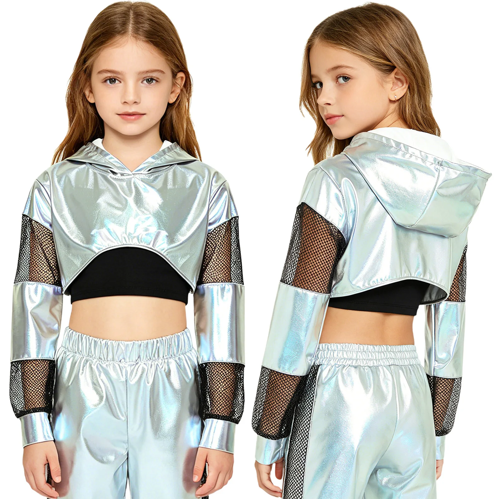 Kids Girls Hip Hop Jazz Dance Hoodie Metallic Mesh Patchwork Long Sleeve Crop Top Hooded Pullover Crop Top Fashion Streetwear
Kids Girls Hip Hop Jazz Dance Hoodie Metallic Mesh Patchwork Long Sleeve Crop Top Hooded Pullover Crop Top Fashion Streetwear