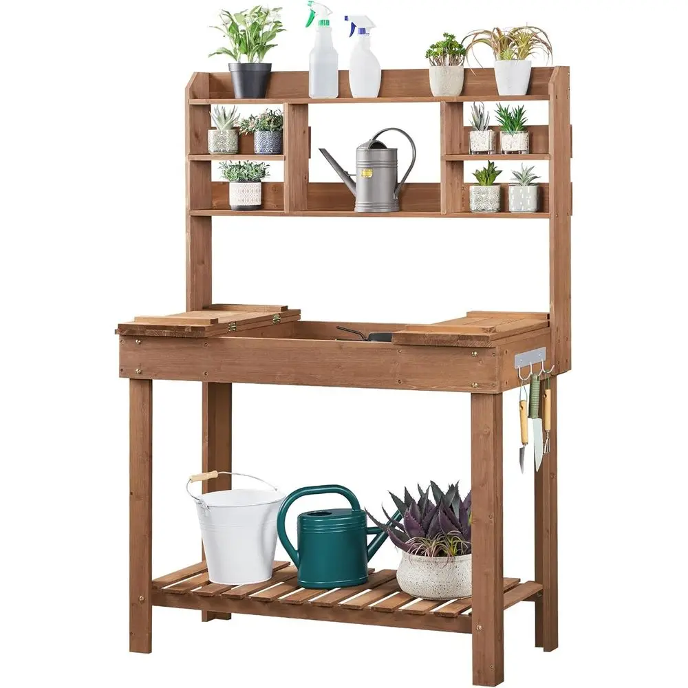 Brown Indoor Outdoor Garden Workbench with Display Rack, Storage Shelves, and Hanging Utility Sink
Brown Indoor Outdoor Garden Workbench with Display Rack, Storage Shelves, and Hanging Utility Sink