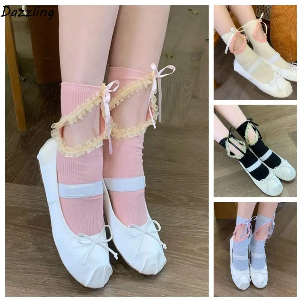 Cotton Sweet Socks Women Hollow Out Pile Up Ballet Bowknot Socks Patchwork Lace-up Lolita Ruffle Socks Match with A Skirt
Cotton Sweet Socks Women Hollow Out Pile Up Ballet Bowknot Socks Patchwork Lace-up Lolita Ruffle Socks Match with A Skirt