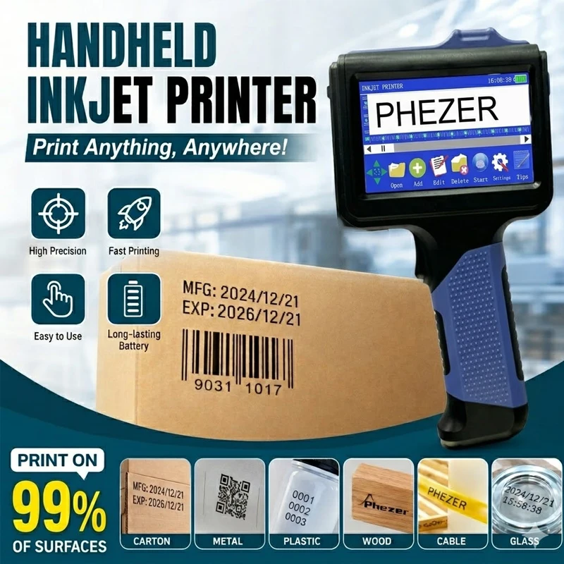 Phezer for HP Blue P19 Handheld Inkjet Printer 12.7mm T-shirt QR Bar Batch Code Date Logo Expiry Date Label Portable Printer
Phezer for HP Blue P19 Handheld Inkjet Printer 12.7mm T-shirt QR Bar Batch Code Date Logo Expiry Date Label Portable Printer