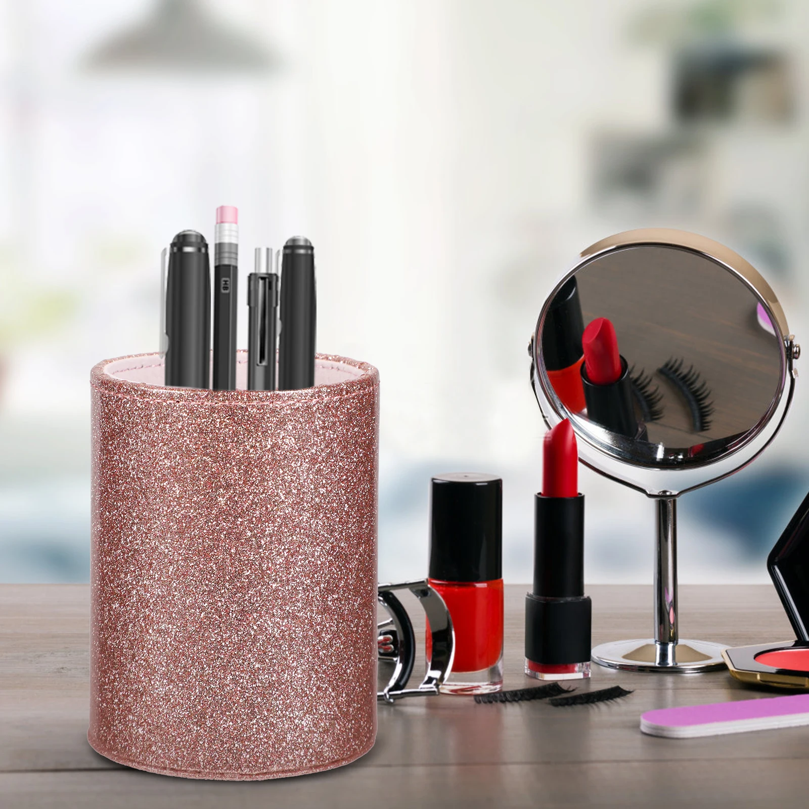 Rose Gold Pen Holder Desk Organizer Cosmetics Brush Container Makeup PU Storage Bucket
Rose Gold Pen Holder Desk Organizer Cosmetics Brush Container Makeup PU Storage Bucket