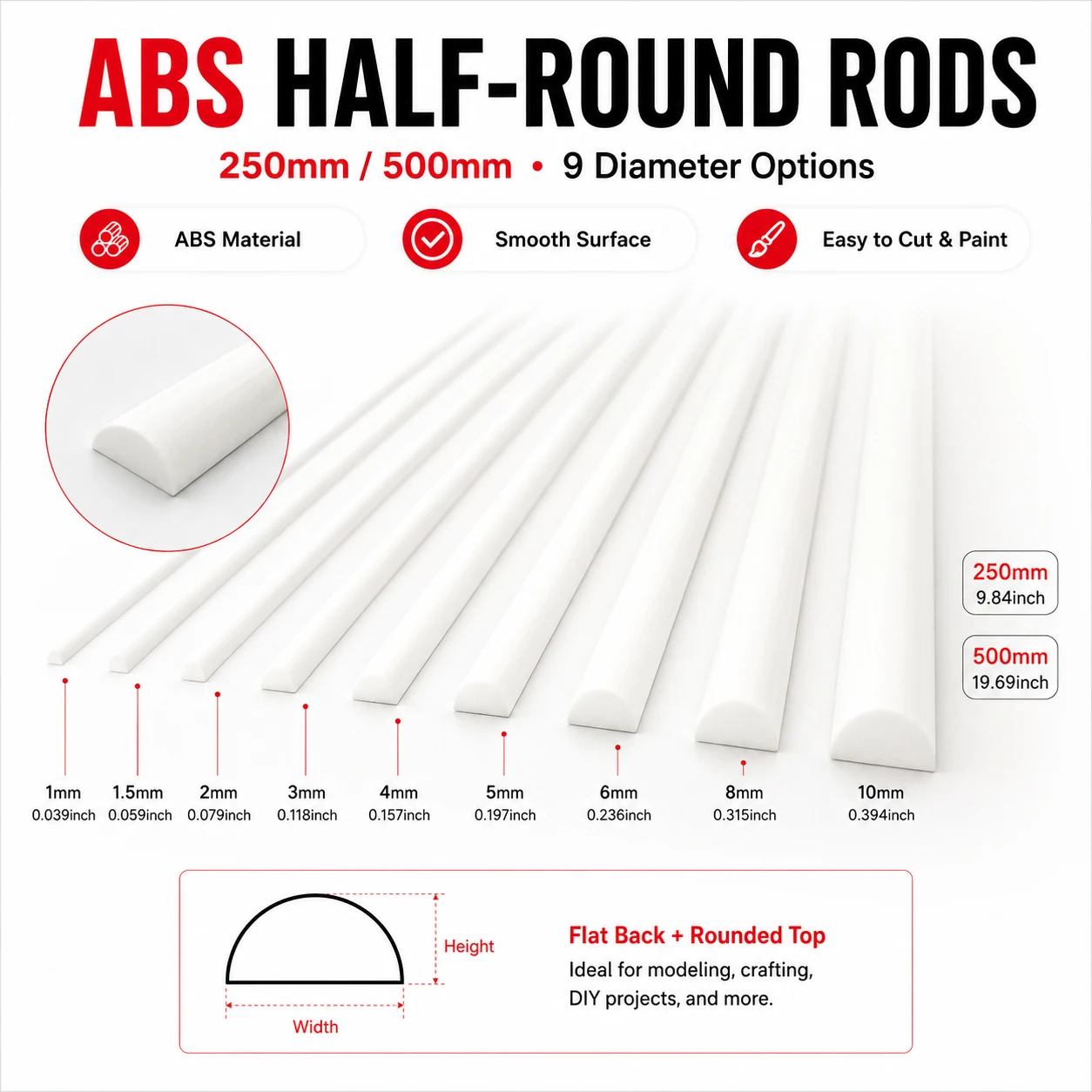 9/10Pcs 250/500mm Half Round ABS Plastic Sticks, Lightweight Durables Material for DIY Model, Architecture & Sand Table Crafts
9/10Pcs 250/500mm Half Round ABS Plastic Sticks, Lightweight Durables Material for DIY Model, Architecture & Sand Table Crafts