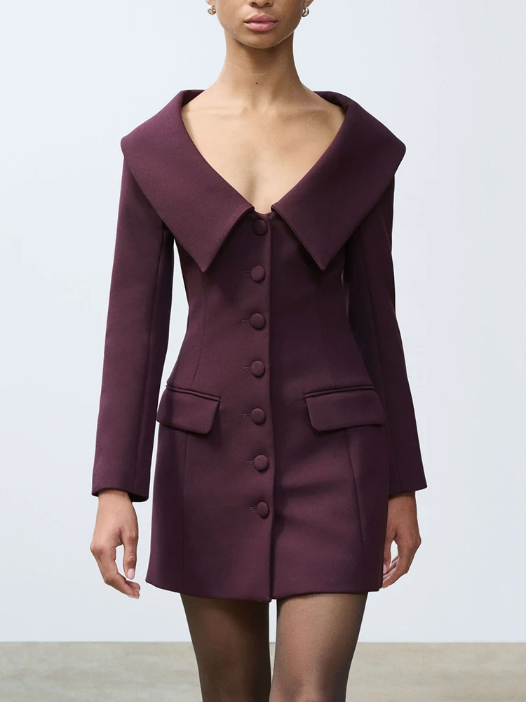 Large lapel long-sleeved suit dress in burgundy, a stylish and flattering women's dress, new for Spring 2026.
Large lapel long-sleeved suit dress in burgundy, a stylish and flattering women's dress, new for Spring 2026.