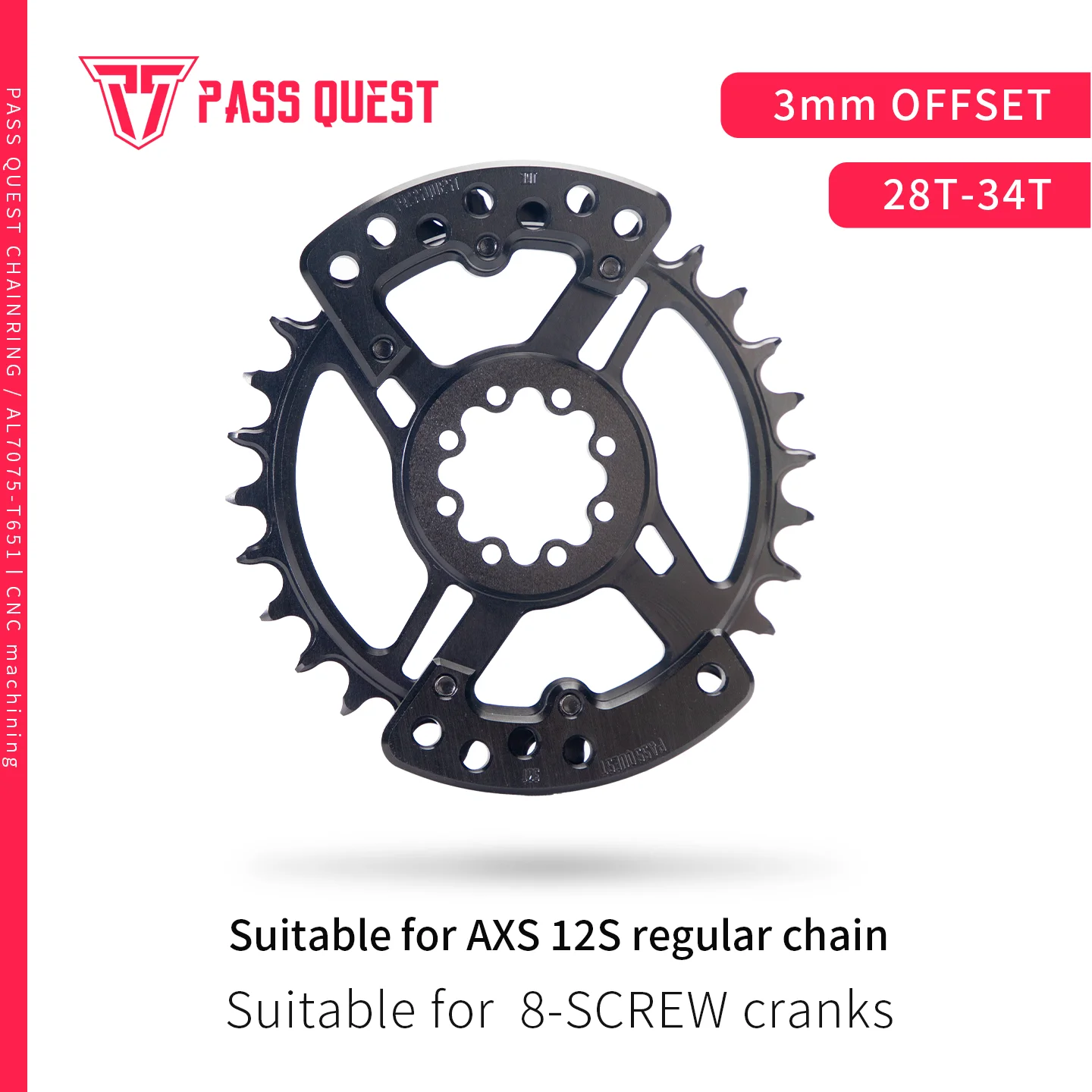 PASS QUEST 8 bolt MTB chain ring And Protection Offset 3mm direct mount Narrow Wide chainring For axs12 speed chain 28 30 32 34T
PASS QUEST 8 bolt MTB chain ring And Protection Offset 3mm direct mount Narrow Wide chainring For axs12 speed chain 28 30 32 34T