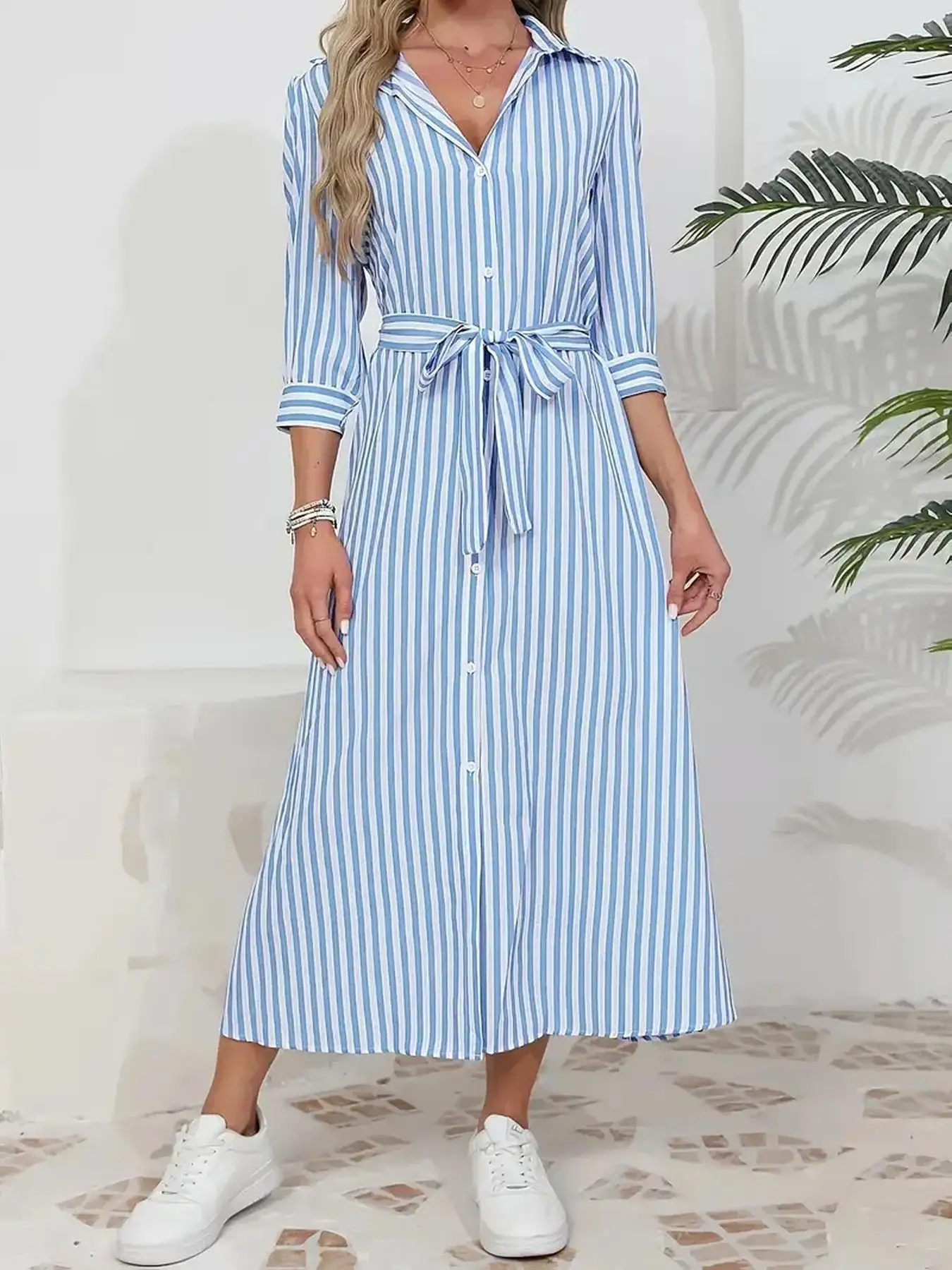 Striped Quarter Sleeve Shirt Dress, Nautical Style, Tie Waist + A-Line Silhouette, Summer Vacation & Casual Streetwear
Striped Quarter Sleeve Shirt Dress, Nautical Style, Tie Waist + A-Line Silhouette, Summer Vacation & Casual Streetwear