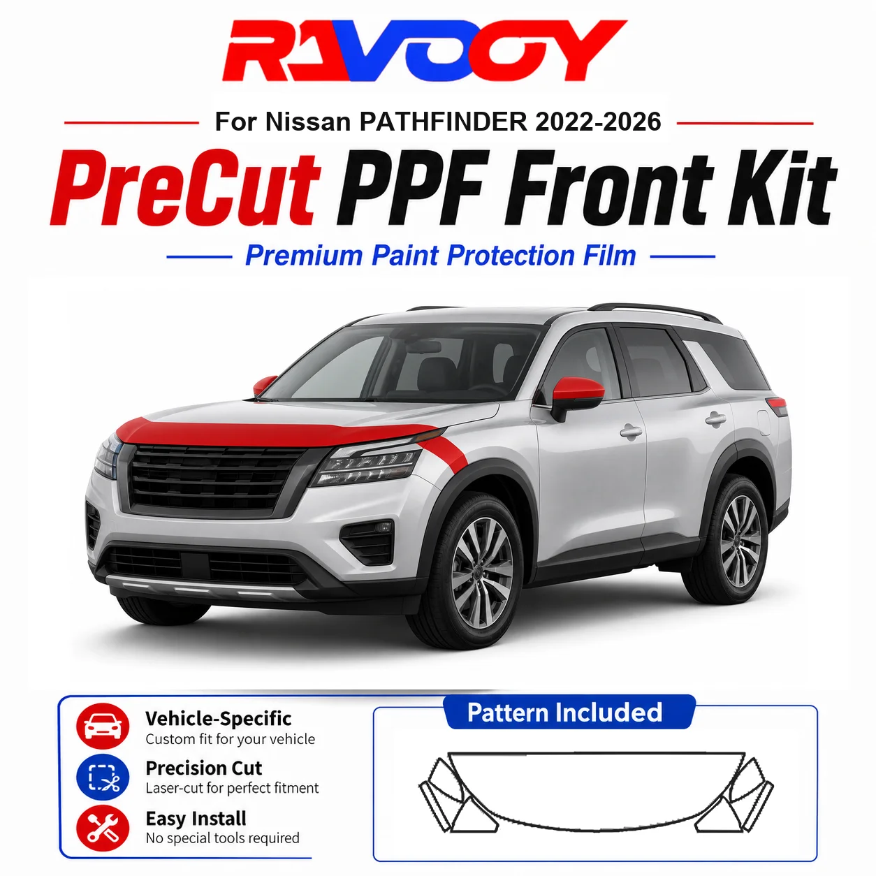 8.5mil TPU Precut PPF Kit For Nissan PATHFINDER 2022-2026 - Hood, Fenders & Mirror Set - Self-Healing Clear Bra Film
8.5mil TPU Precut PPF Kit For Nissan PATHFINDER 2022-2026 - Hood, Fenders & Mirror Set - Self-Healing Clear Bra Film