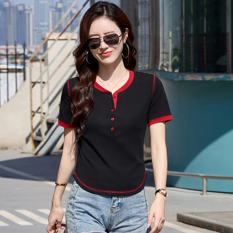 New Color Block Casual Women's T-Shirt O-Neck with Button Detail Short Sleeve 100% Cotton Fashion Top
New Color Block Casual Women's T-Shirt O-Neck with Button Detail Short Sleeve 100% Cotton Fashion Top