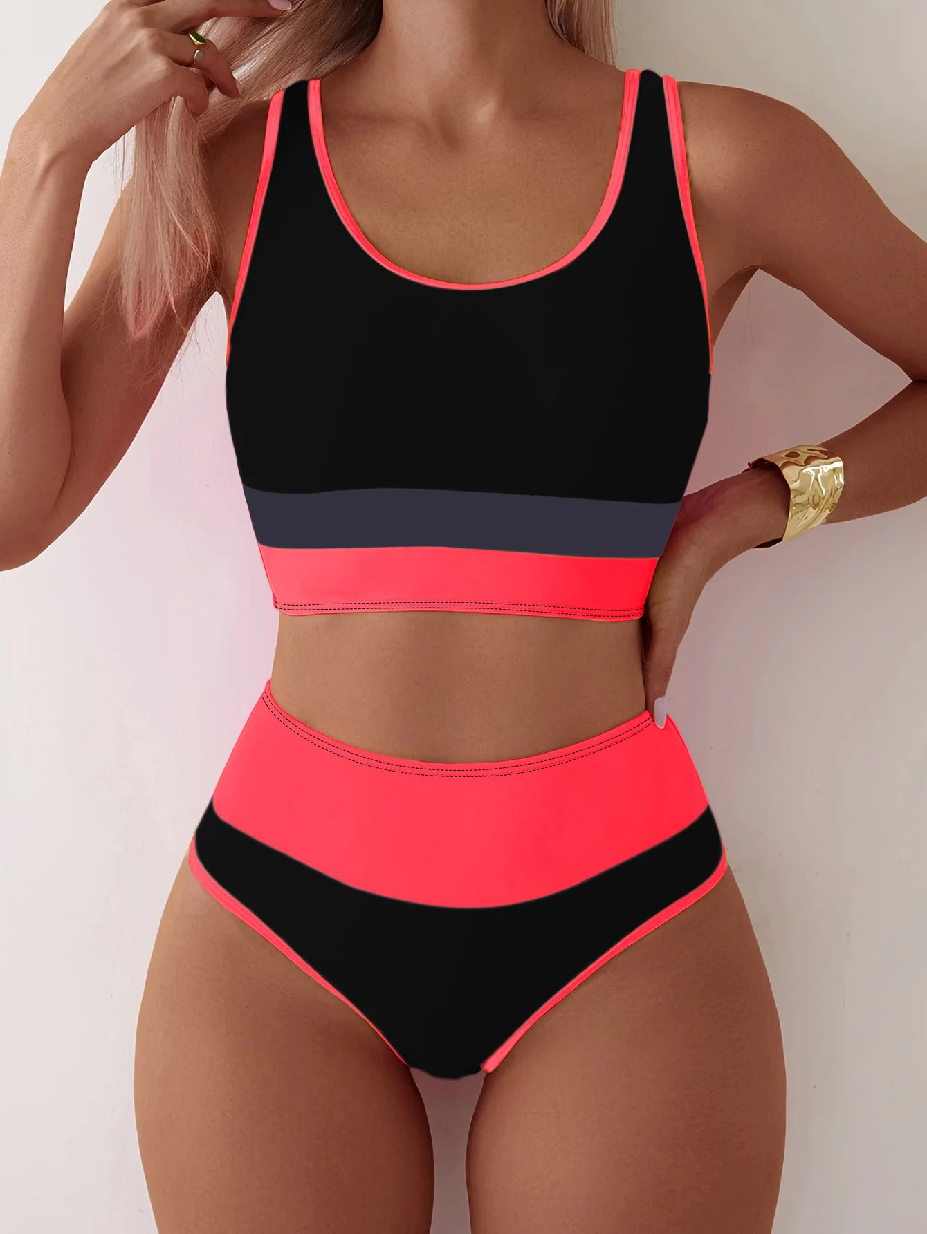 Women Color Block Two Piece Swimsuit, High Waist Sports Bikini Set for Swim & Beach
Women Color Block Two Piece Swimsuit, High Waist Sports Bikini Set for Swim & Beach